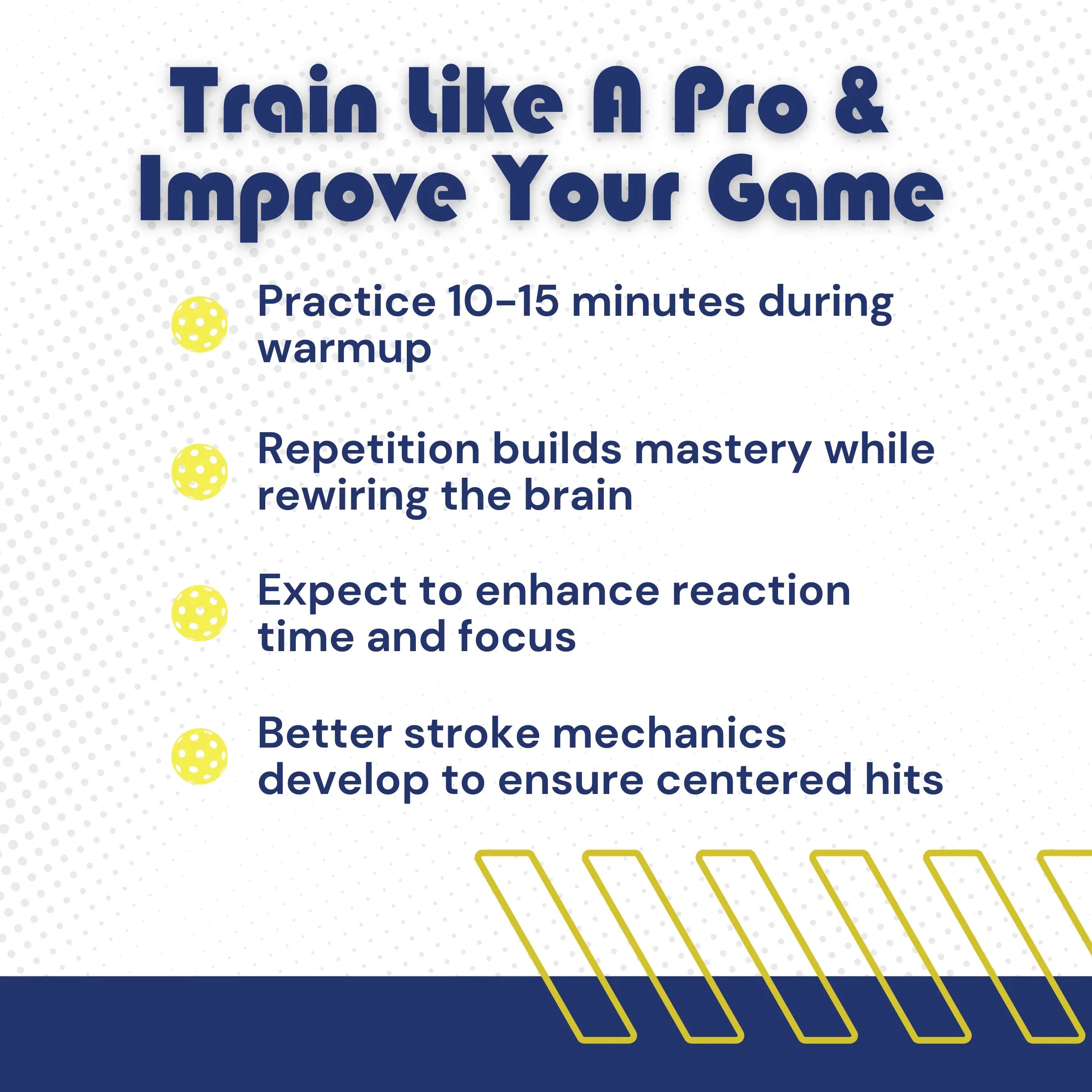 Train like a pro tips graphic with pickleball icons and practice improvement advice.