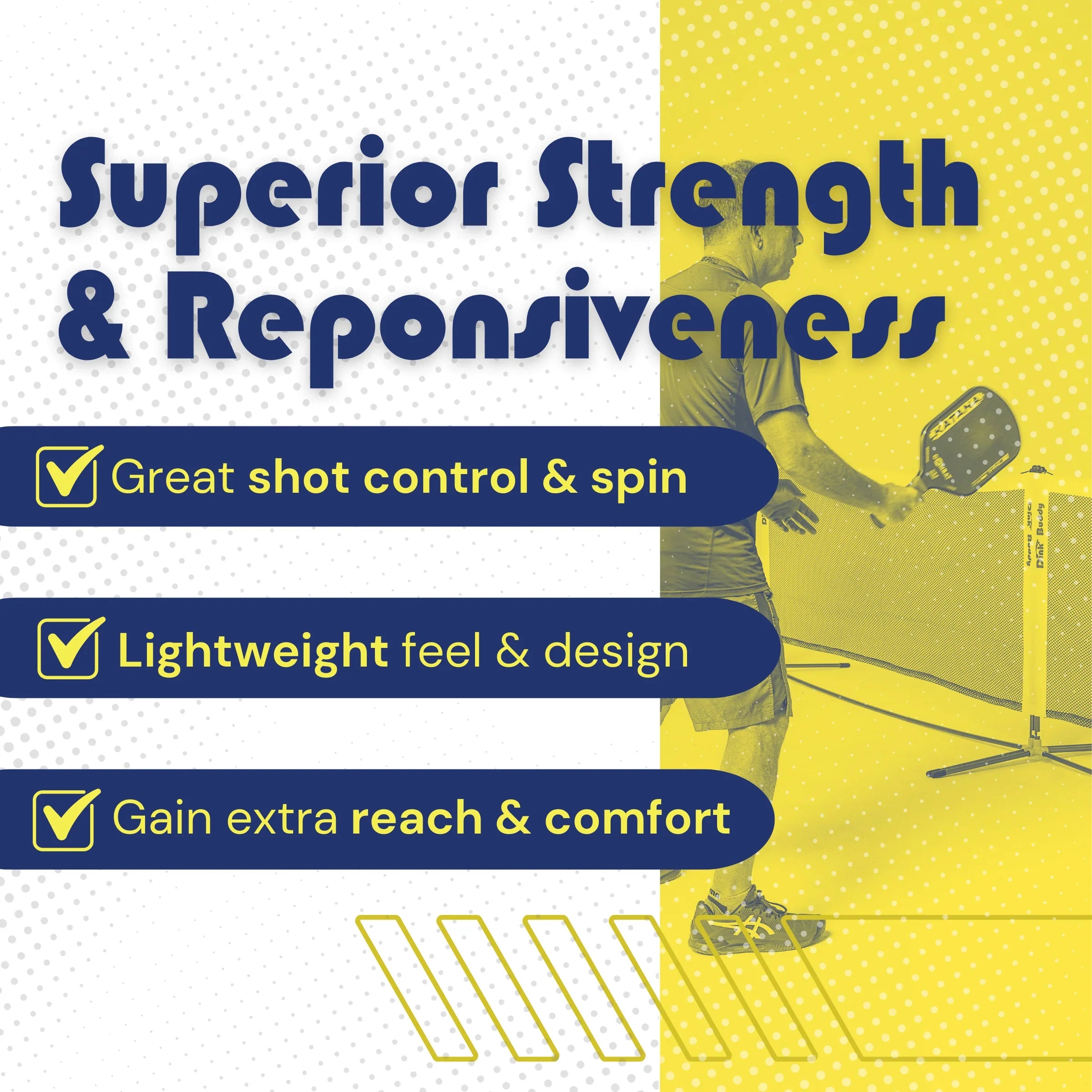 Pickleball paddle player with strengths: shot control, spin, lightweight, reach, comfort.