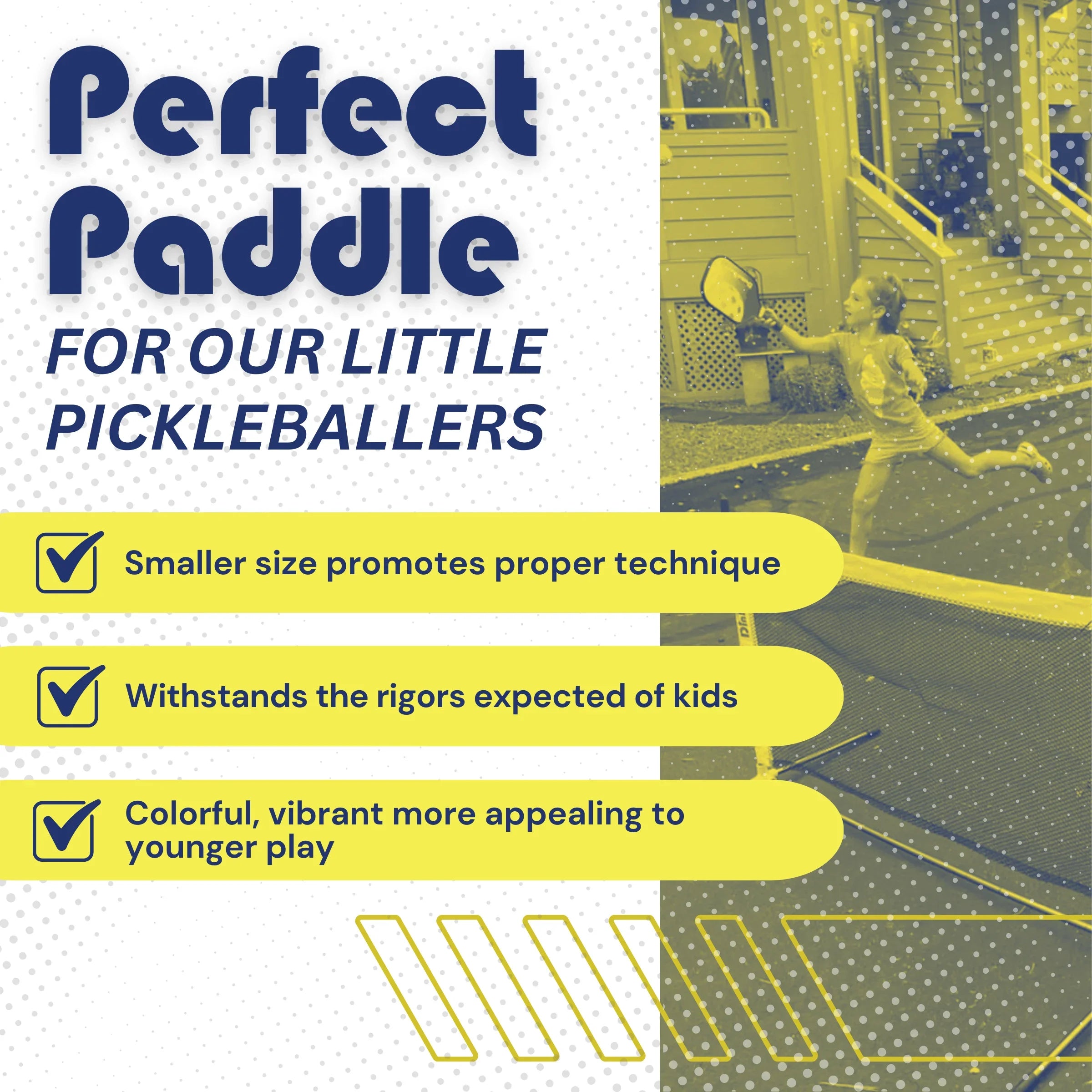 Kid playing pickleball outdoors with text promoting perfect paddle for young players