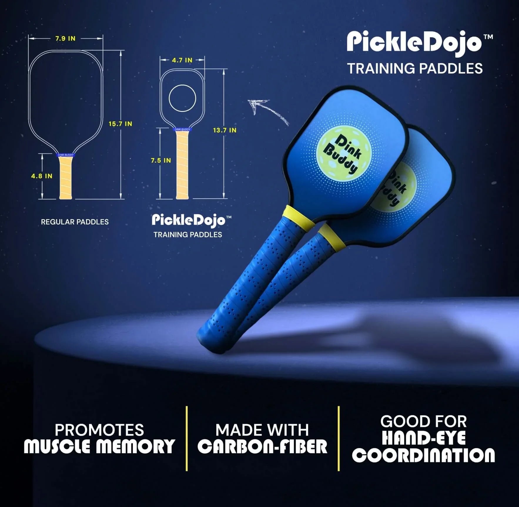PickleDojo training paddles with blue grips, paddle dimensions, and benefits for hand-eye coordination.