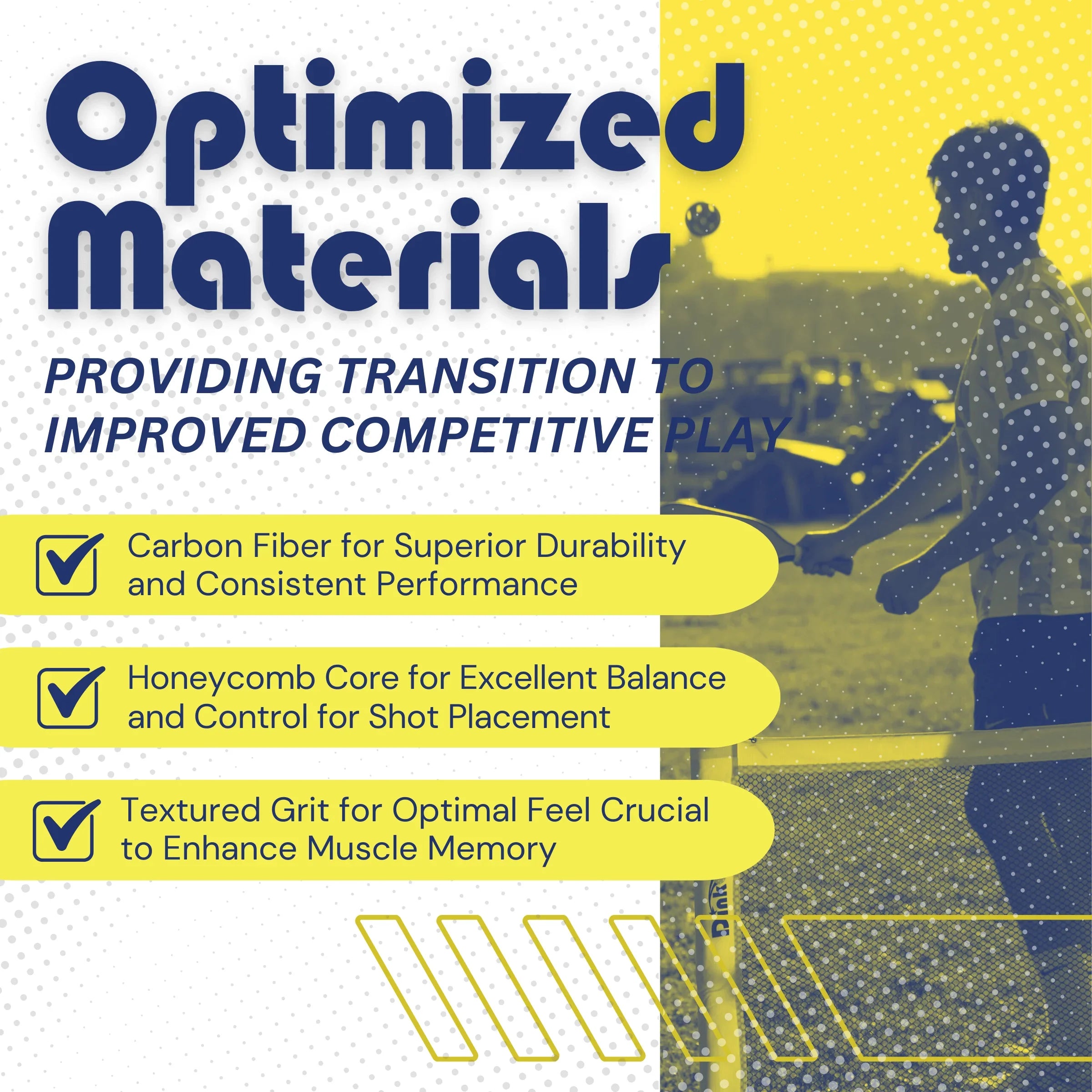 Optimized materials benefits for pickleball paddles with carbon fiber and honeycomb core.