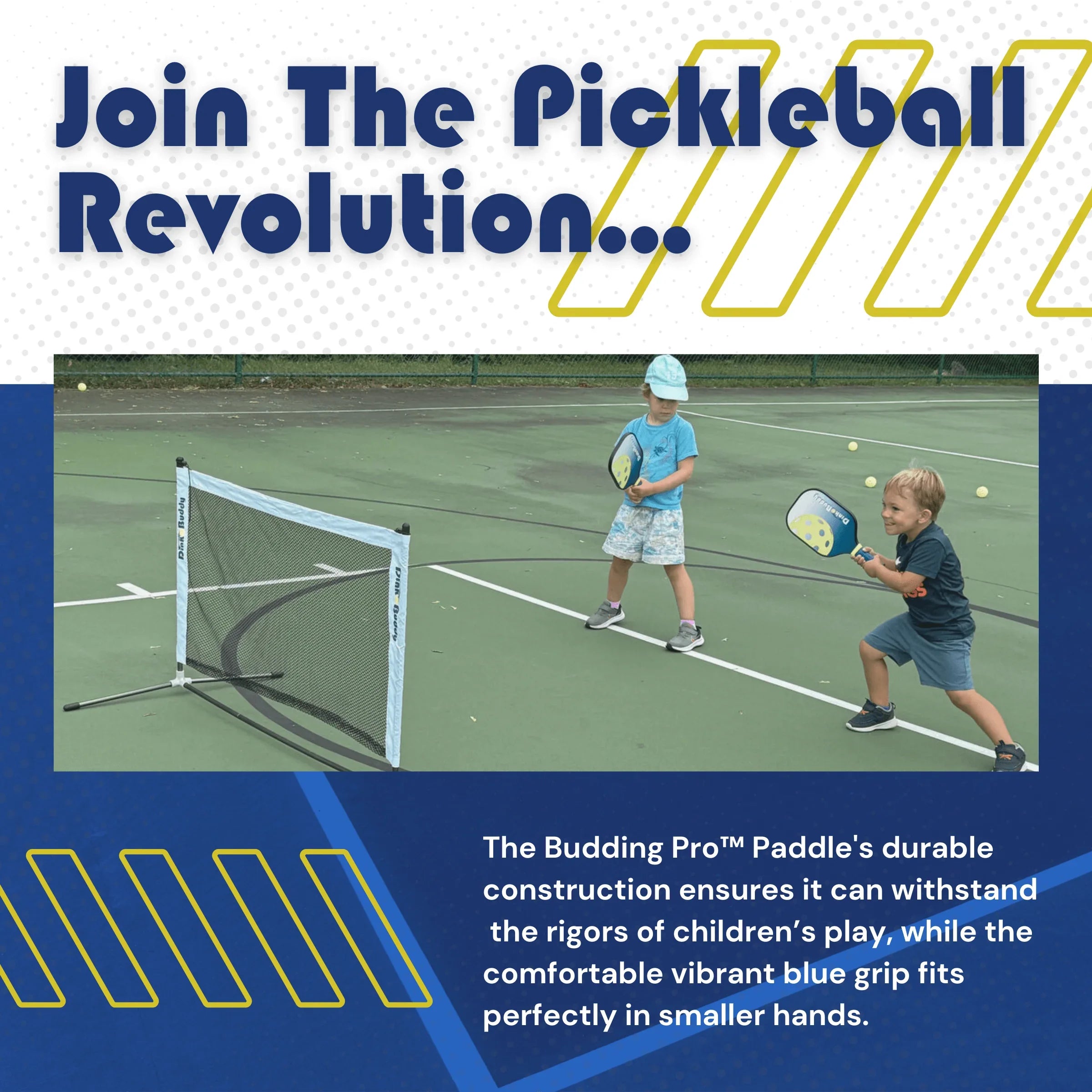 Two young children playing pickleball on an outdoor court using Budding Pro paddles and net.