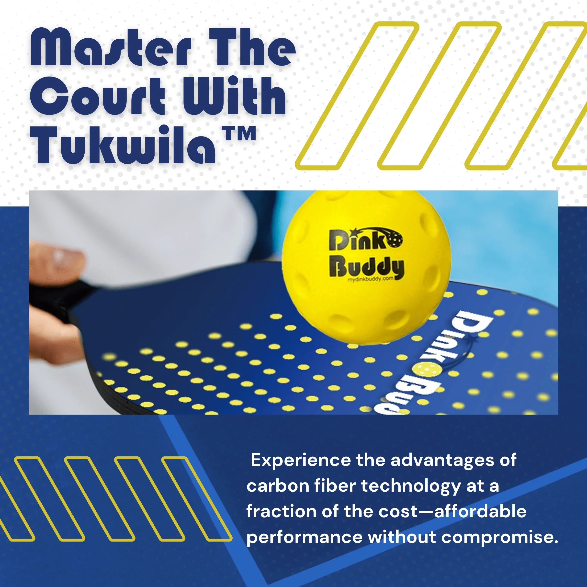 Close-up of Dink Buddy yellow pickleball on blue carbon fiber paddle promoting Tukwila paddle