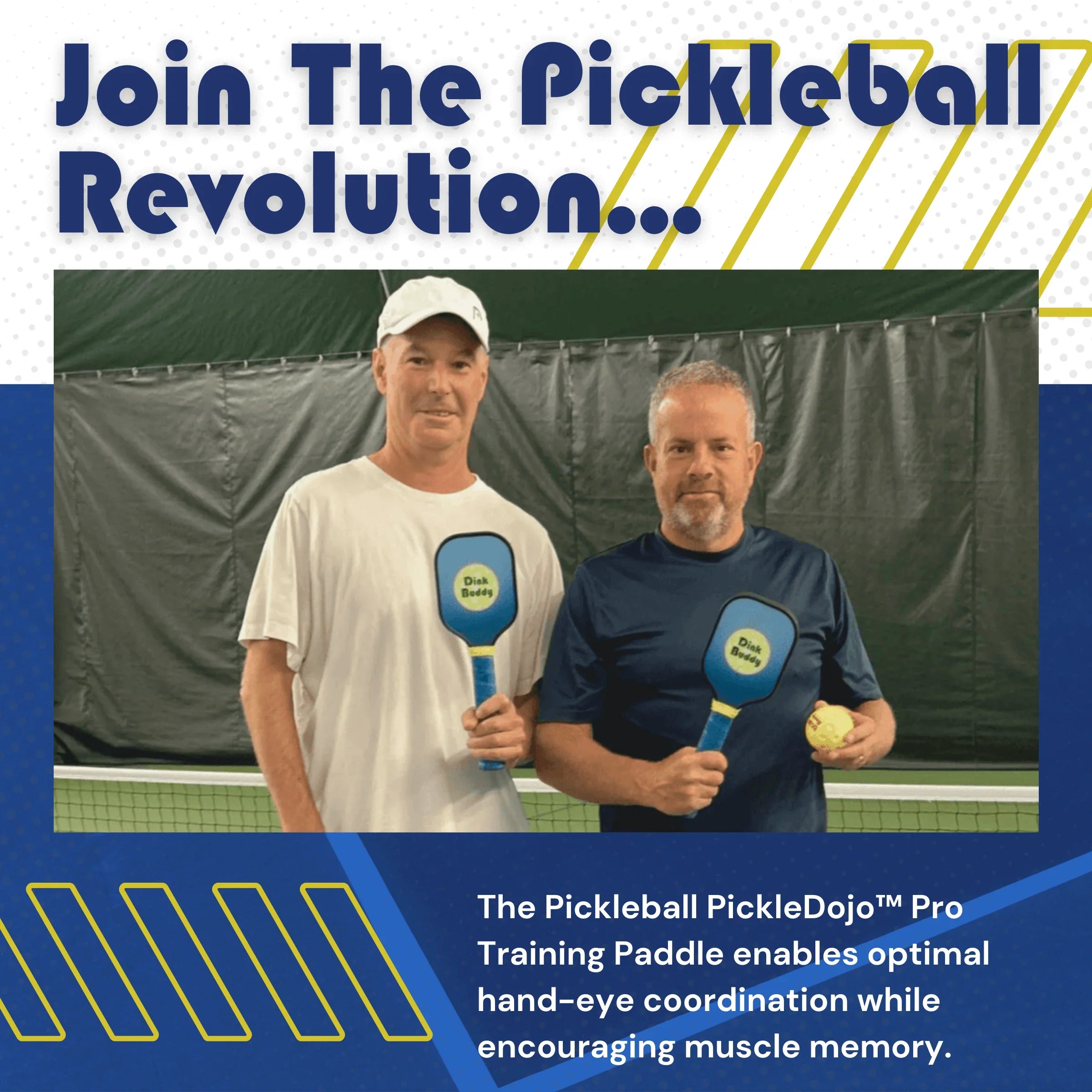 Two men holding PickleDojo Pro Training Paddles on indoor pickleball court, promoting pickleball.