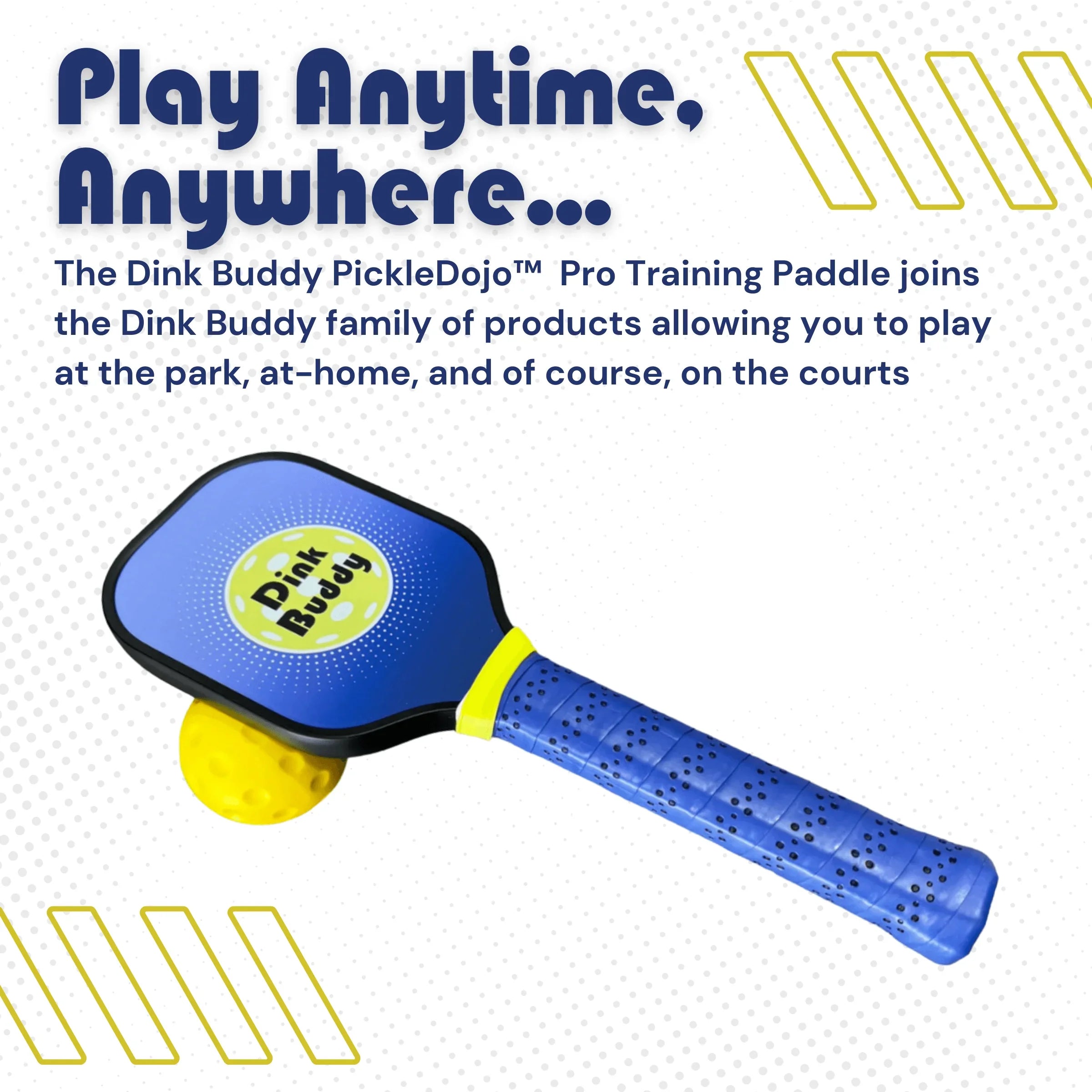 Blue Dink Buddy PickleDojo pro training pickleball paddle with yellow ball on white background