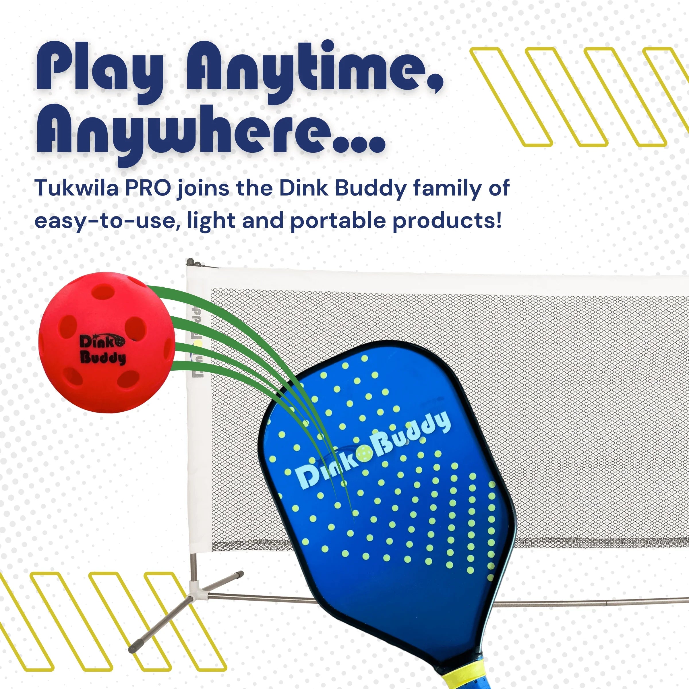Dink Buddy pickleball paddle, red ball, and portable net with promo text.