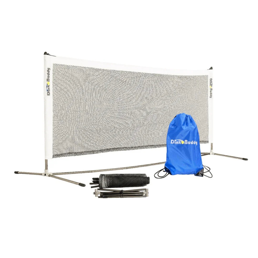Portable pickleball net set with Dink Buddy net, frame, and blue carrying bag