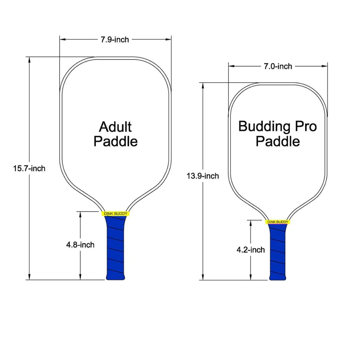 Size comparison diagram of adult and budding pro pickleball paddles with measurements.