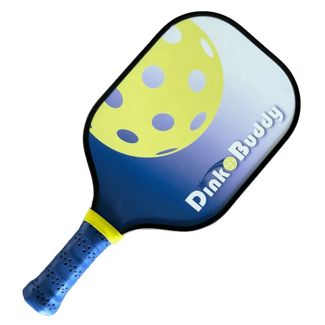 Children's Pickleball paddle with blue handle, yellow ball graphic, and Pickle Buddy logo
