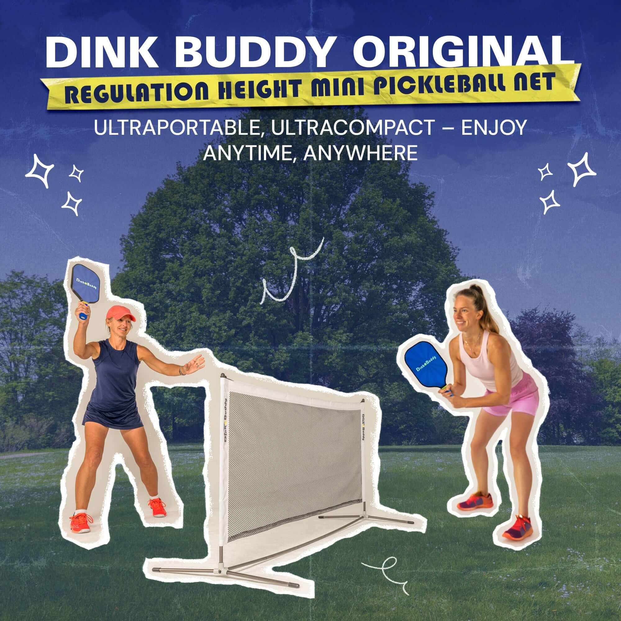 Two women playing pickleball outdoors with Dink Buddy Original mini pickleball net.
