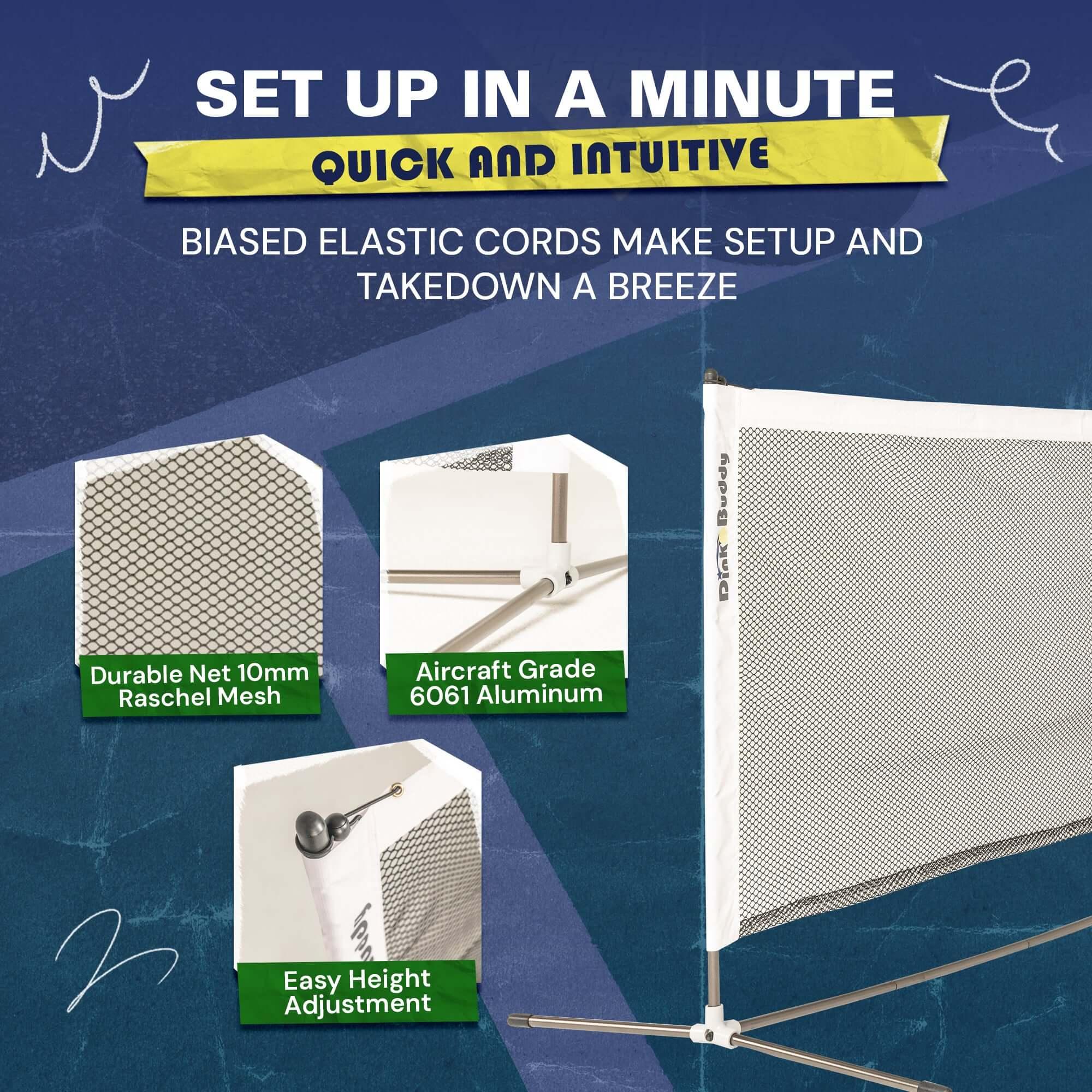 Portable badminton net with durable 10mm raschel mesh, aluminum frame, and easy height adjustment.