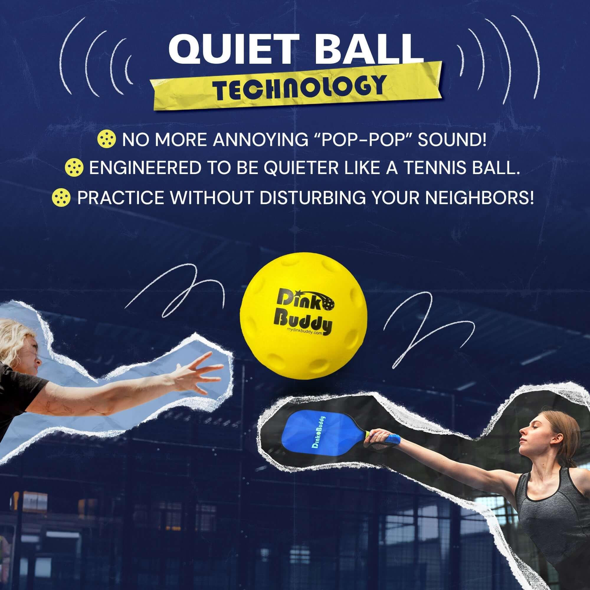 Dink Buddy yellow quiet pickleball ball, two people playing pickleball indoors, blue background