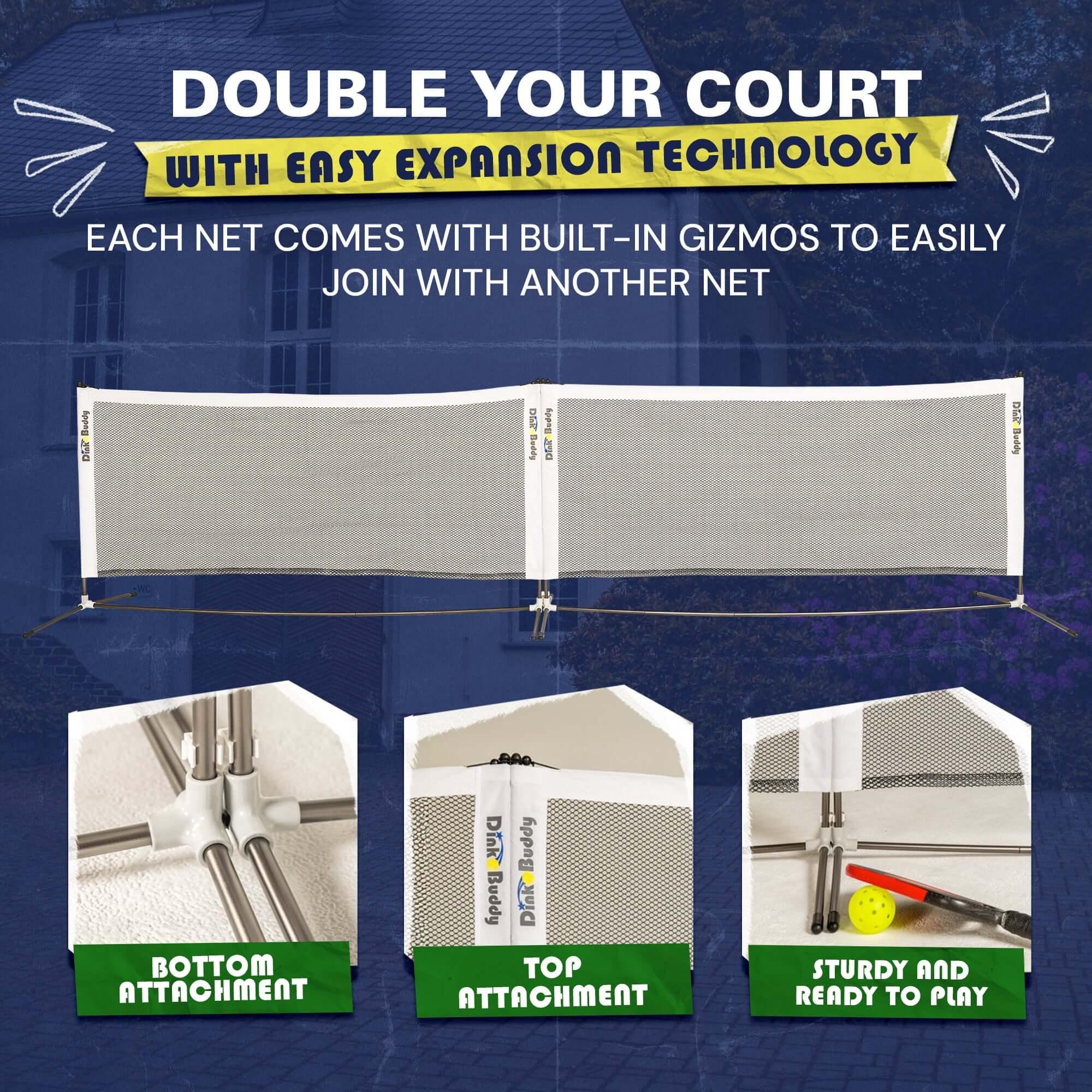 Expandable court net system with connection features, bottom and top attachments, and pickleball gear.