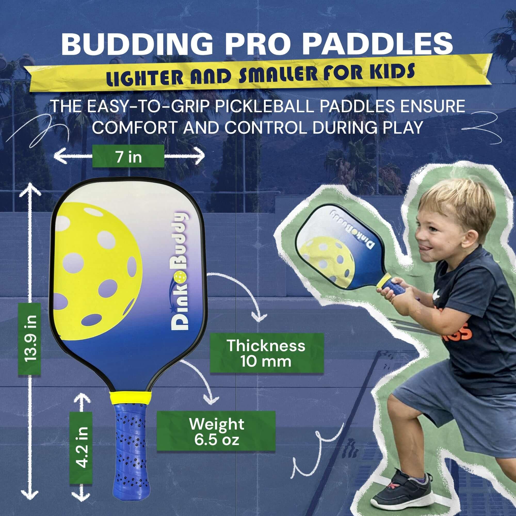 Kid holding Dink Buddy pickleball paddle on court with paddle size and specs shown
