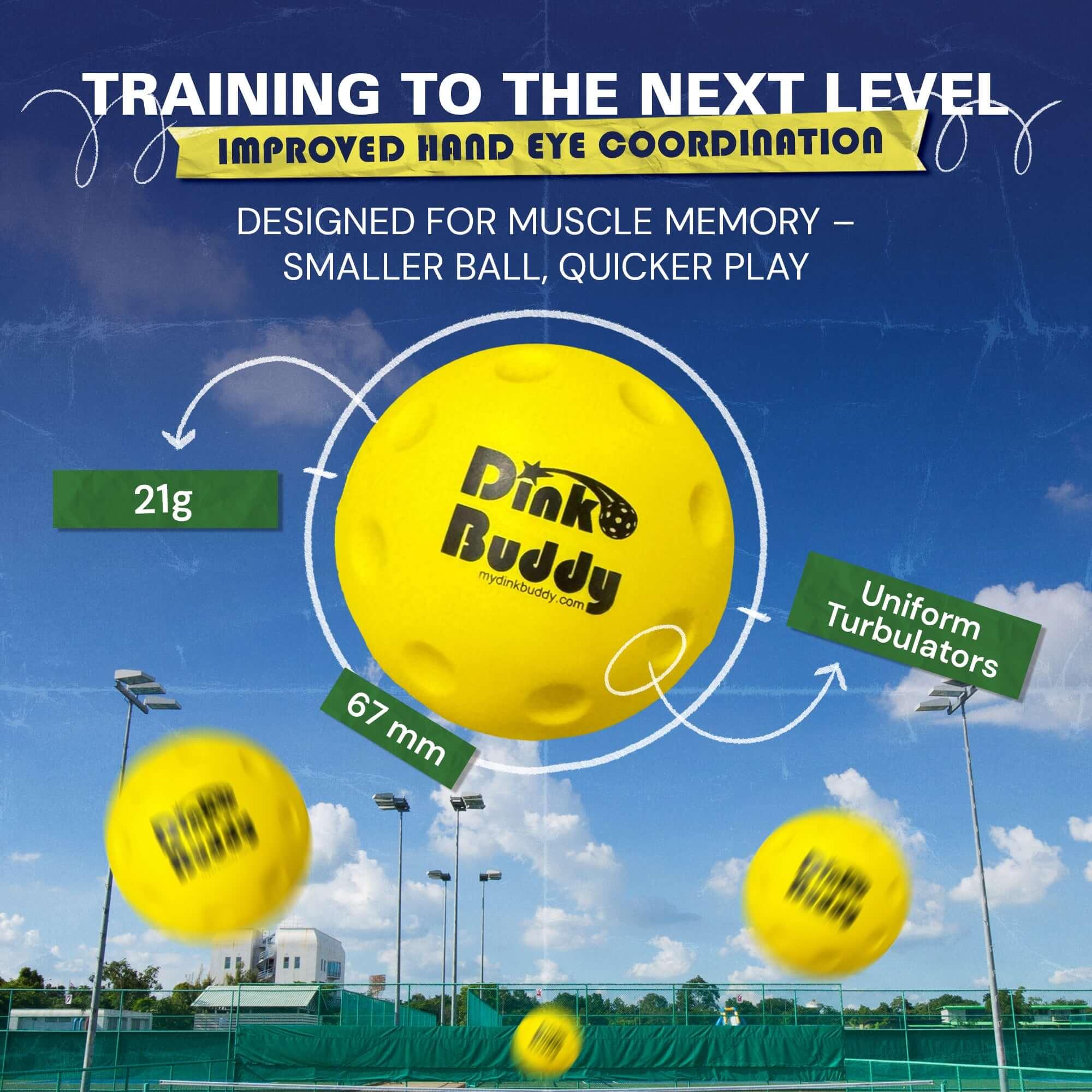 Yellow Dink Buddy pickleball ball with specs on tennis court, blue sky background.