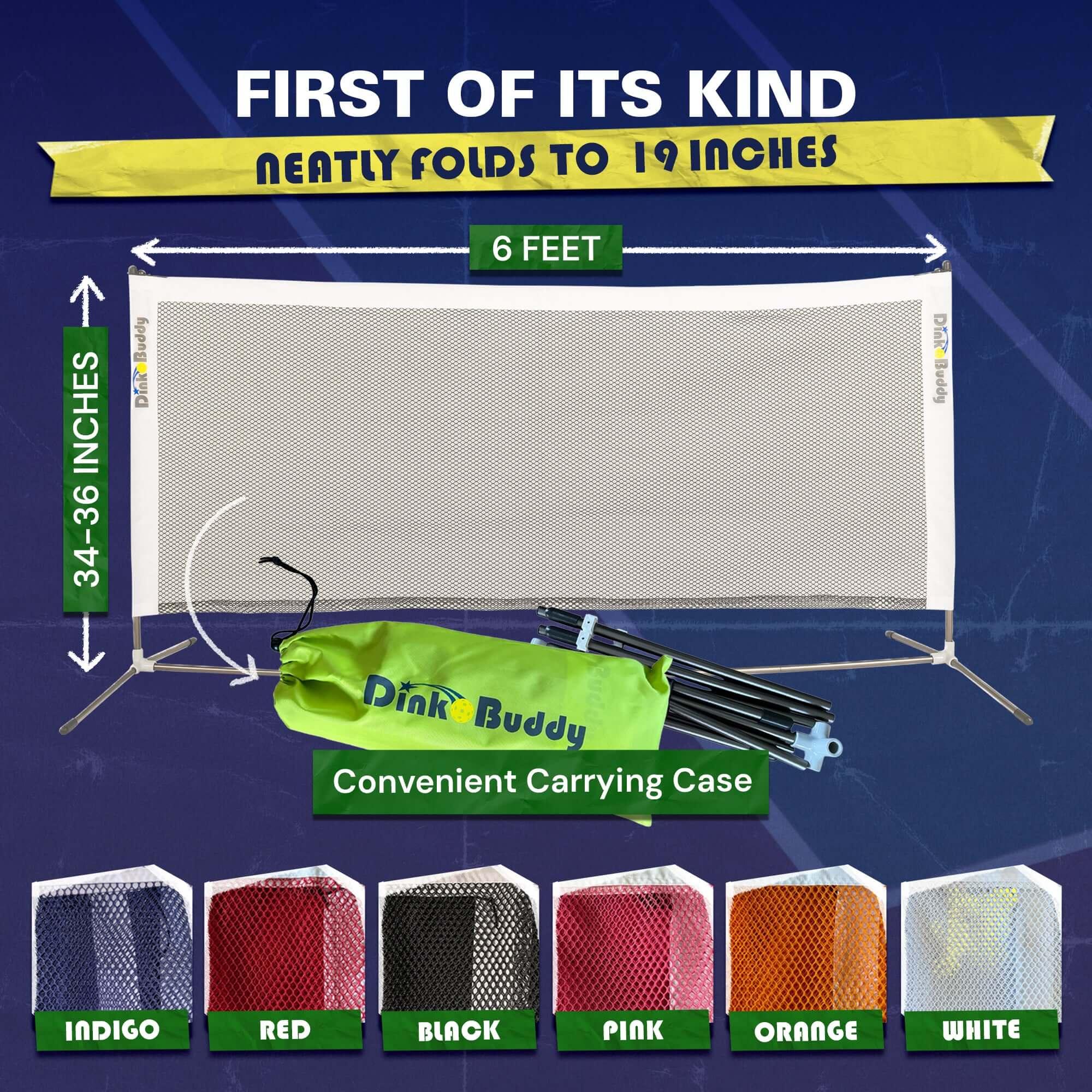 Portable Dink Buddy pickleball net, 6 feet wide, with carrying case and color options shown