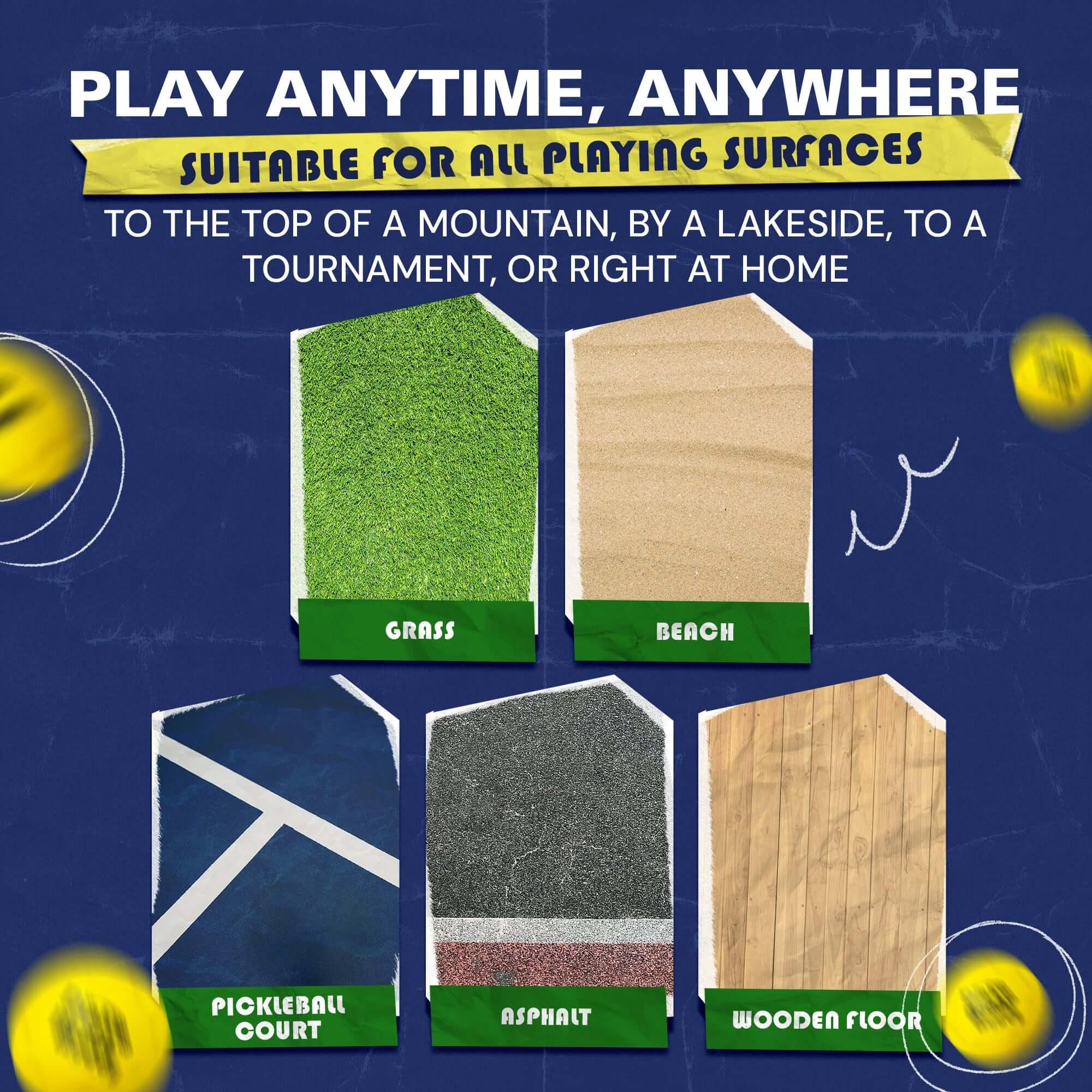 Surfaces for playing pickleball: grass, beach, pickleball court, asphalt, wooden floor.