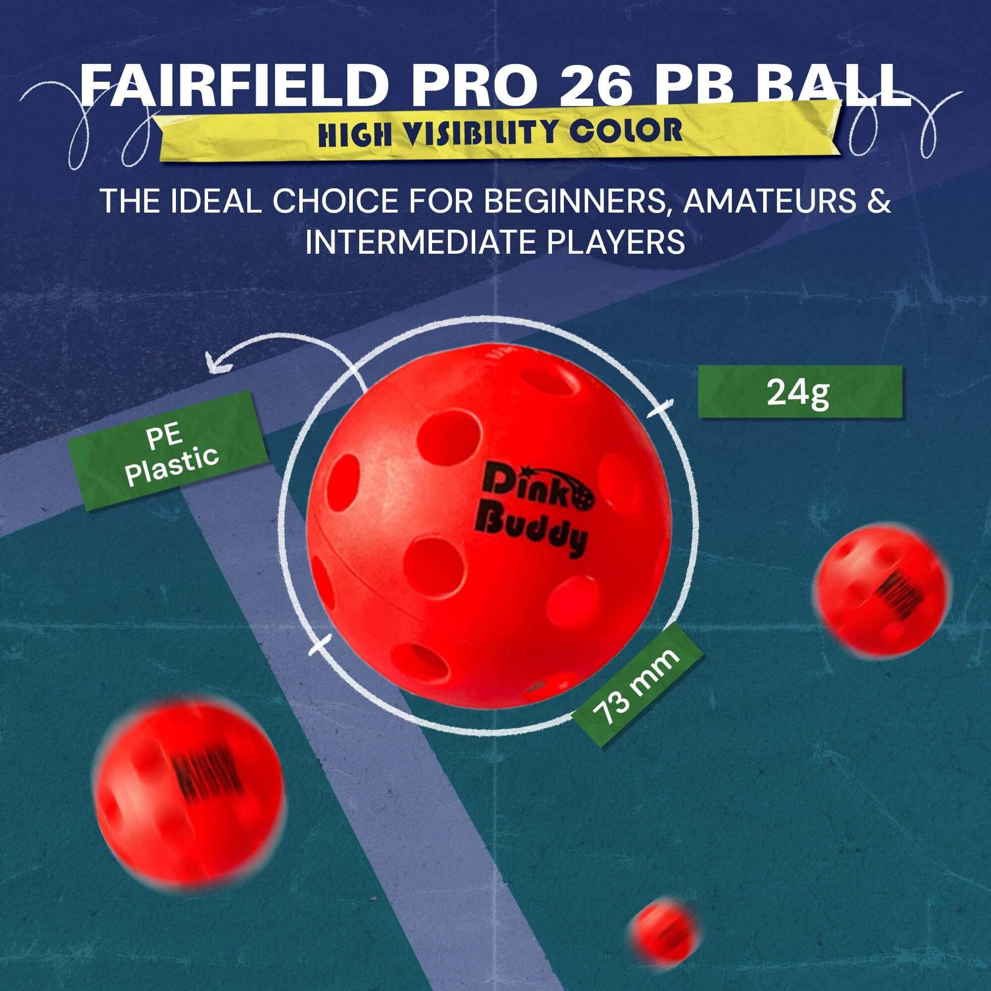 Fairfield Pro 26 PB Ball, high visibility red pickleball, 73mm, 24g PE plastic for beginners and amateurs