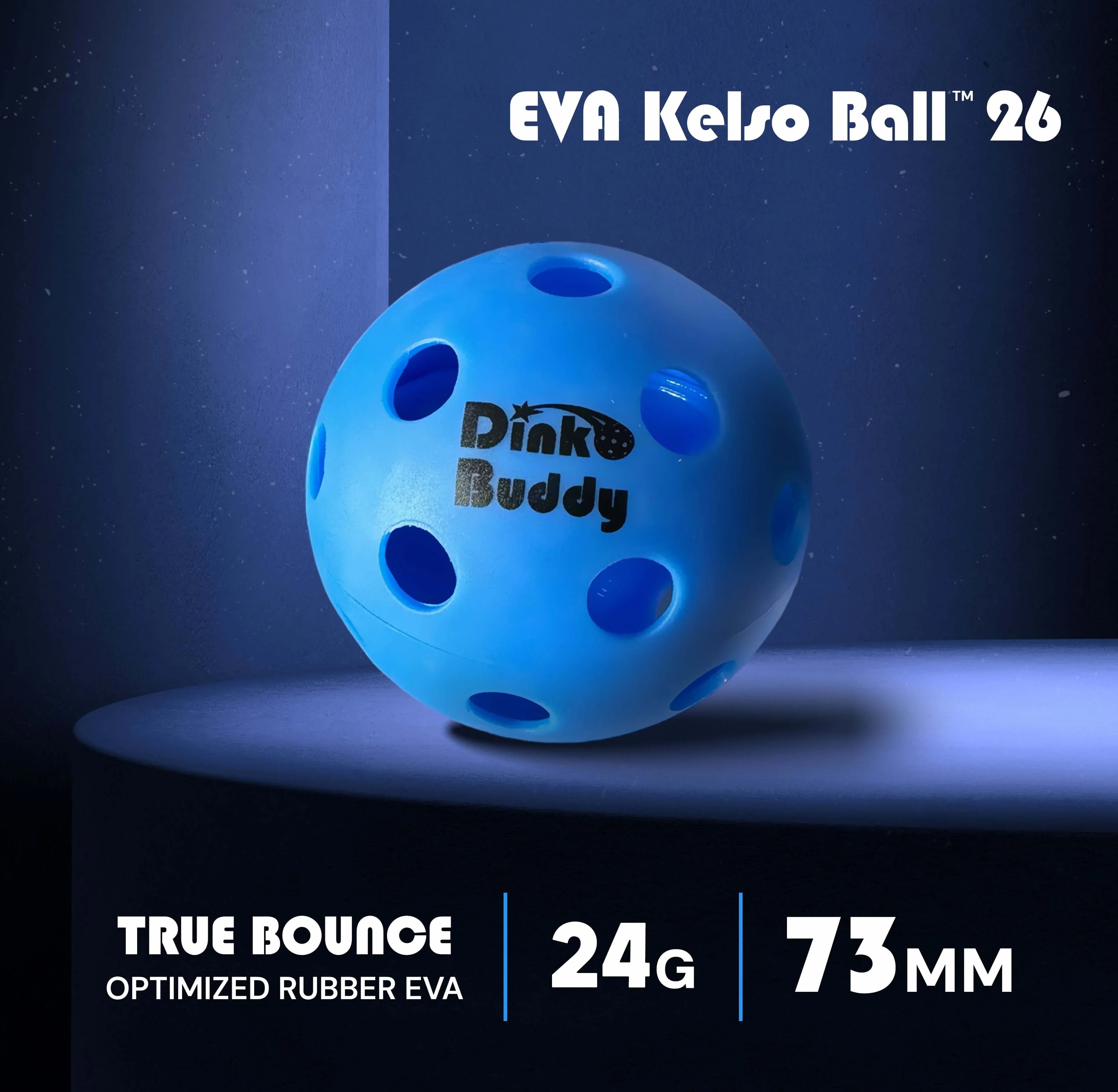 Blue EVA Kelso Ball 26 by Dinko Buddy with holes, 24g, 73mm, true bounce rubber