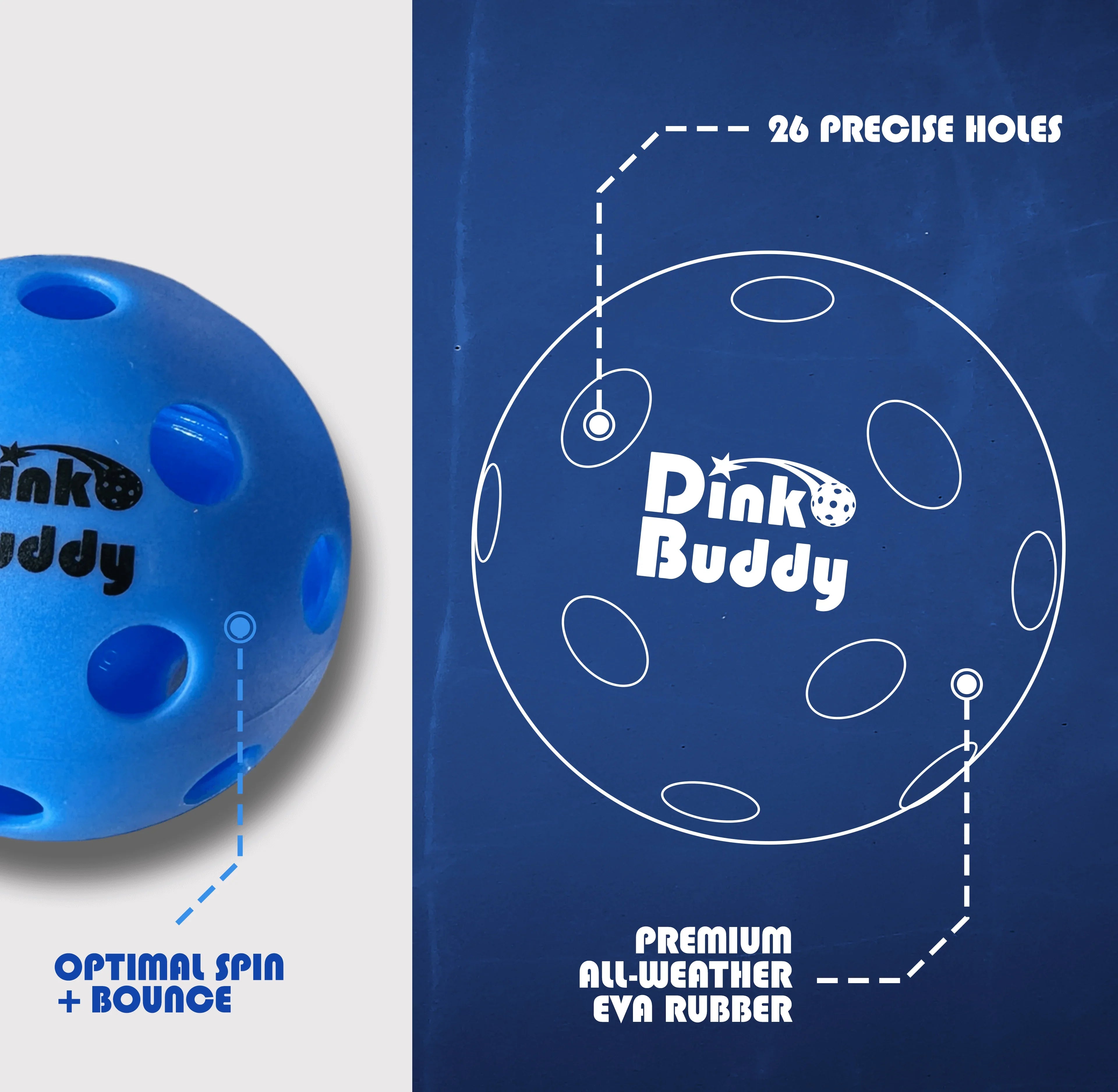Blue Dink Buddy pickleball with 26 holes, EVA rubber, optimal spin and bounce features