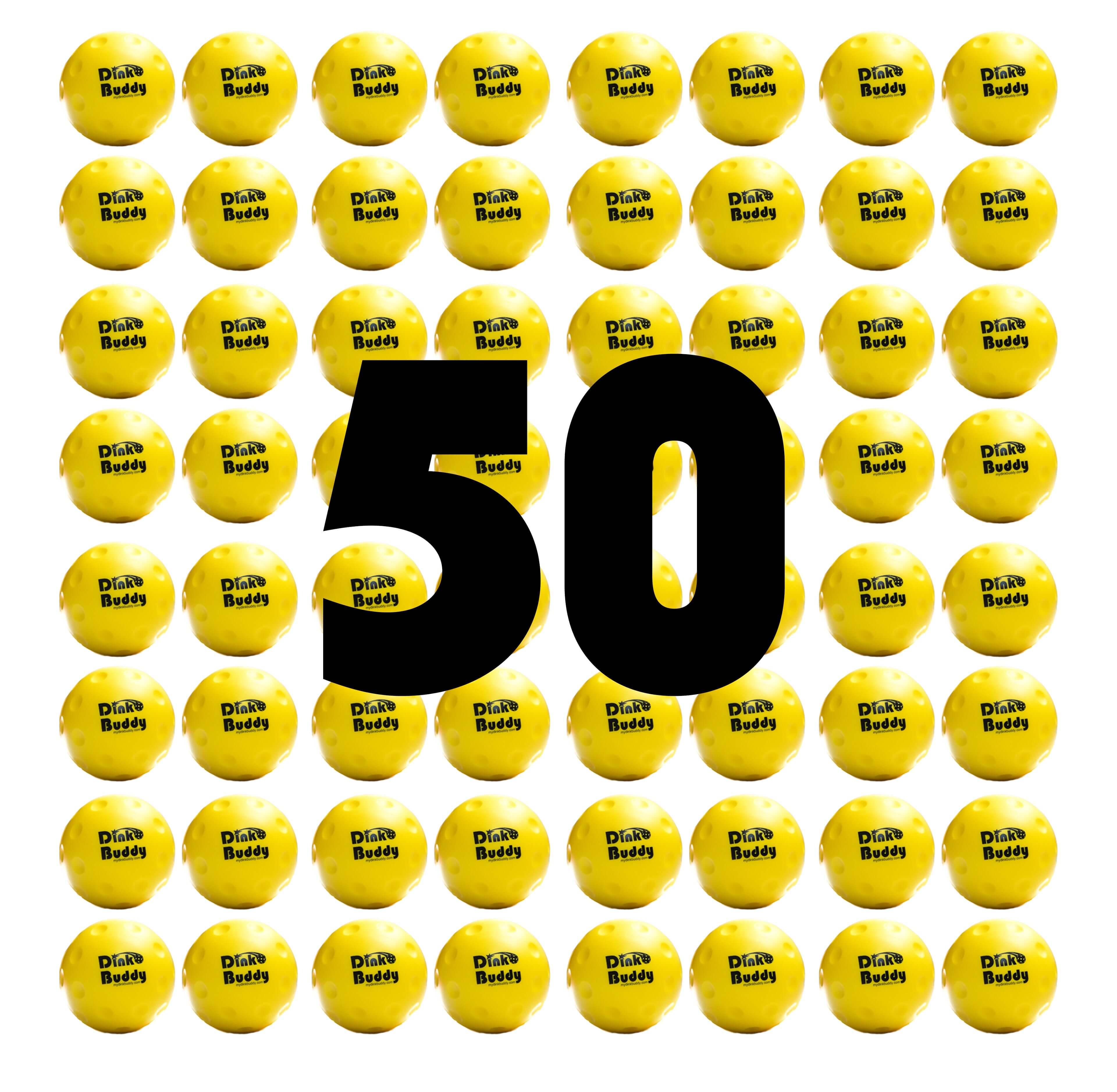 Fifty yellow Drink Buddy balls arranged in a grid with large black 50 in the center