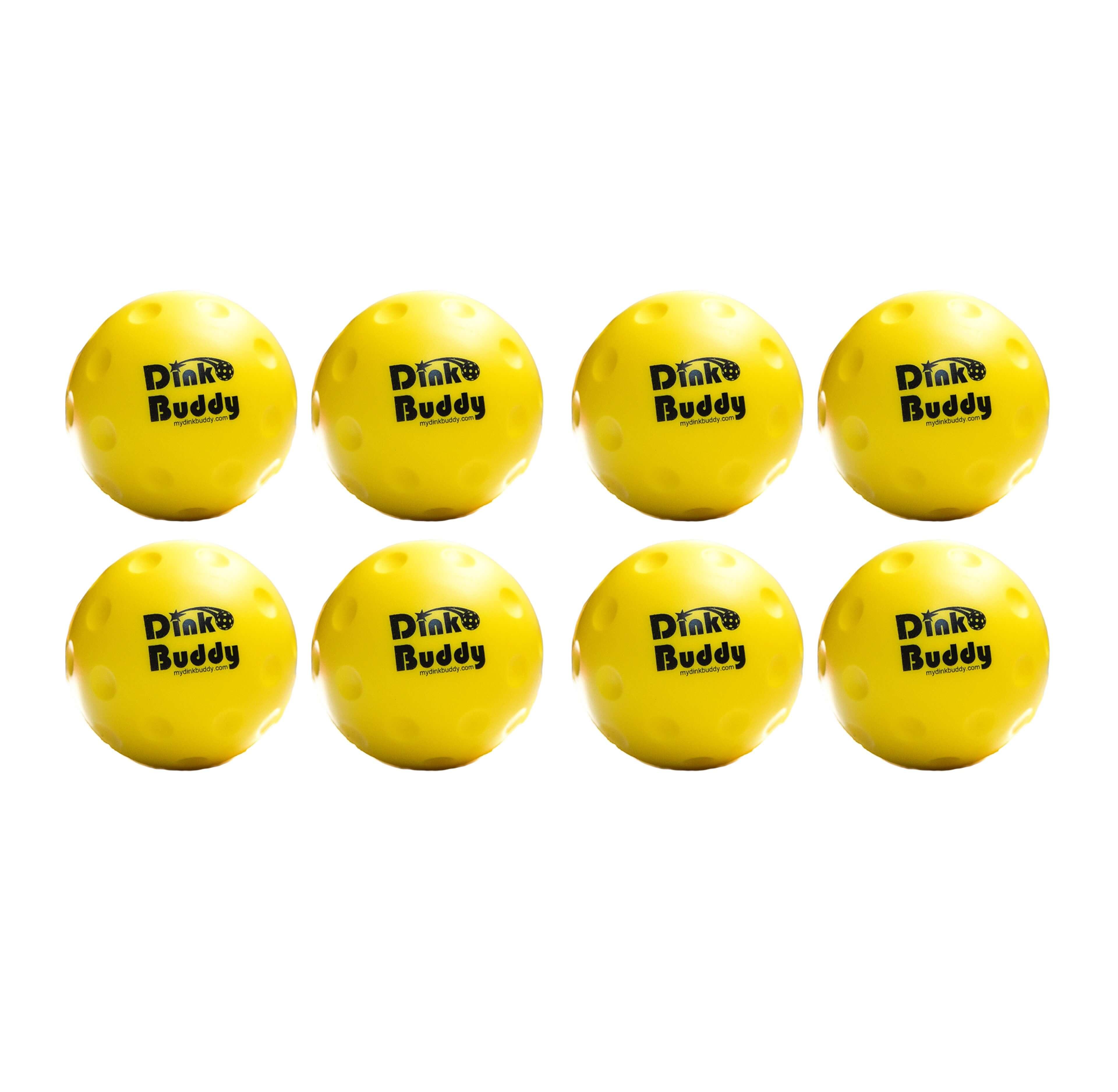 Set of eight yellow Dink Buddy pickleball balls arranged in rows on white background