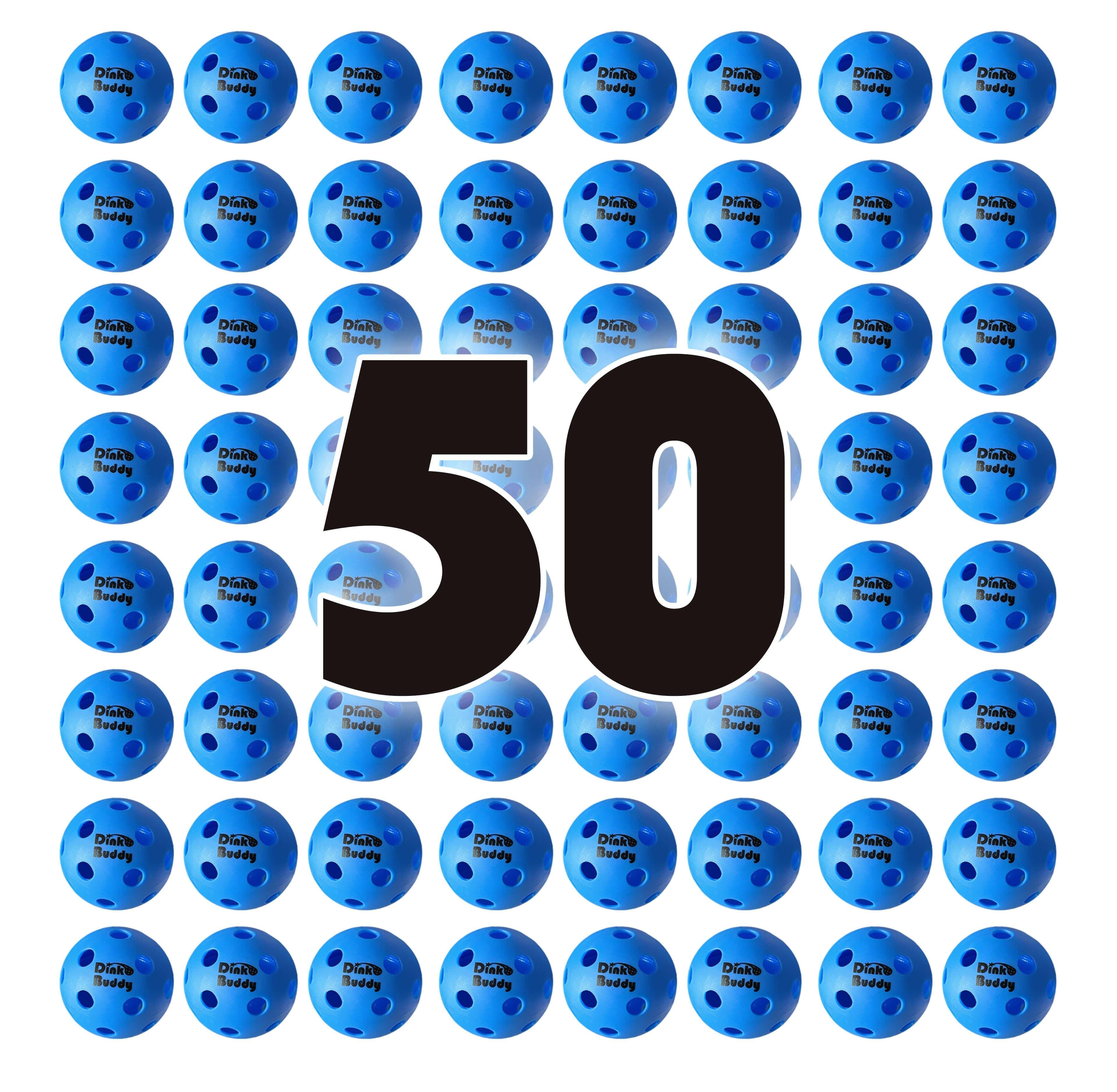 Fifty blue Dirk Buddy wiffle balls arranged in a grid with large 50 text overlay