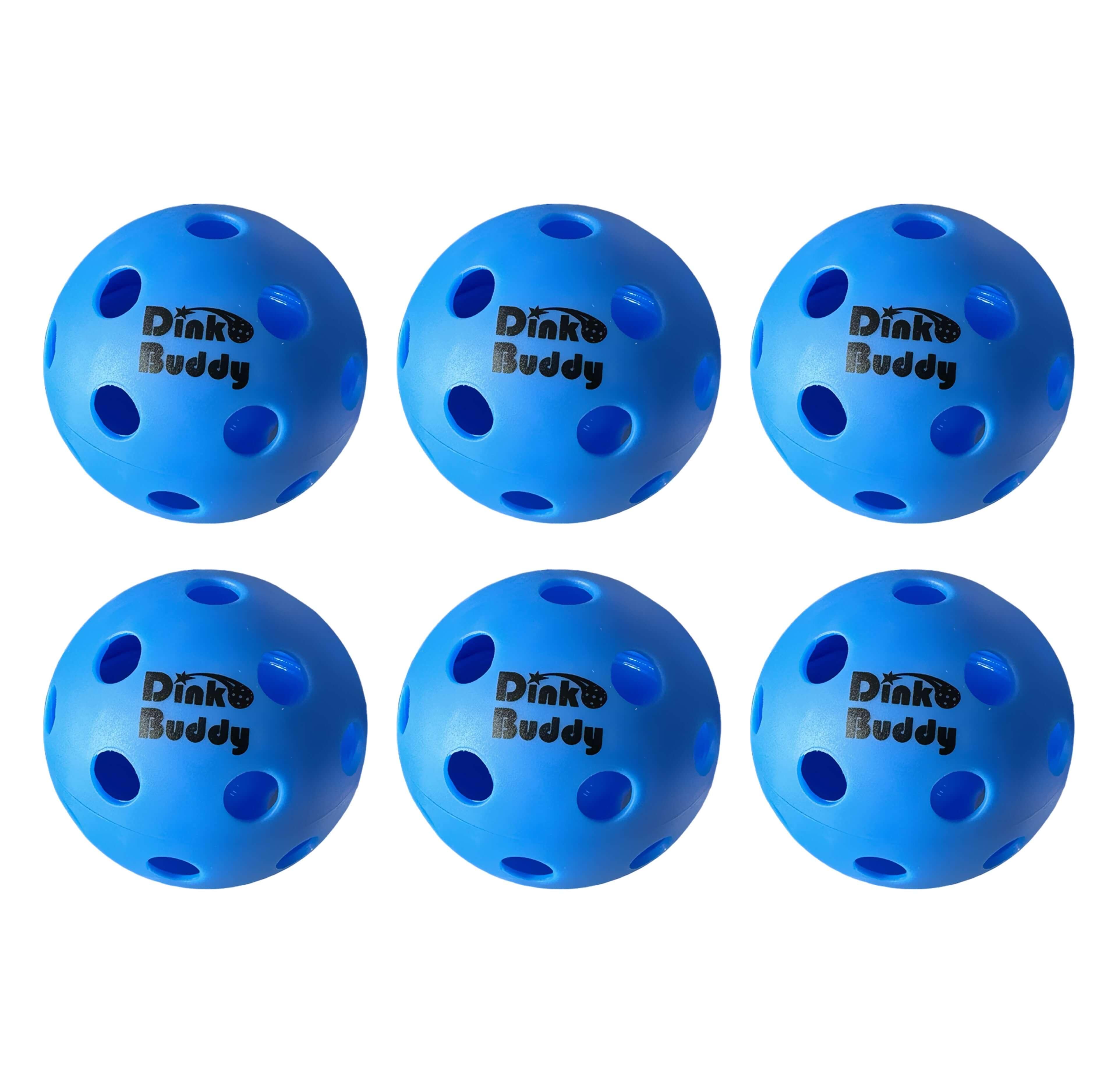 Six blue Dink Buddy pickleball balls with holes arranged on a white background
