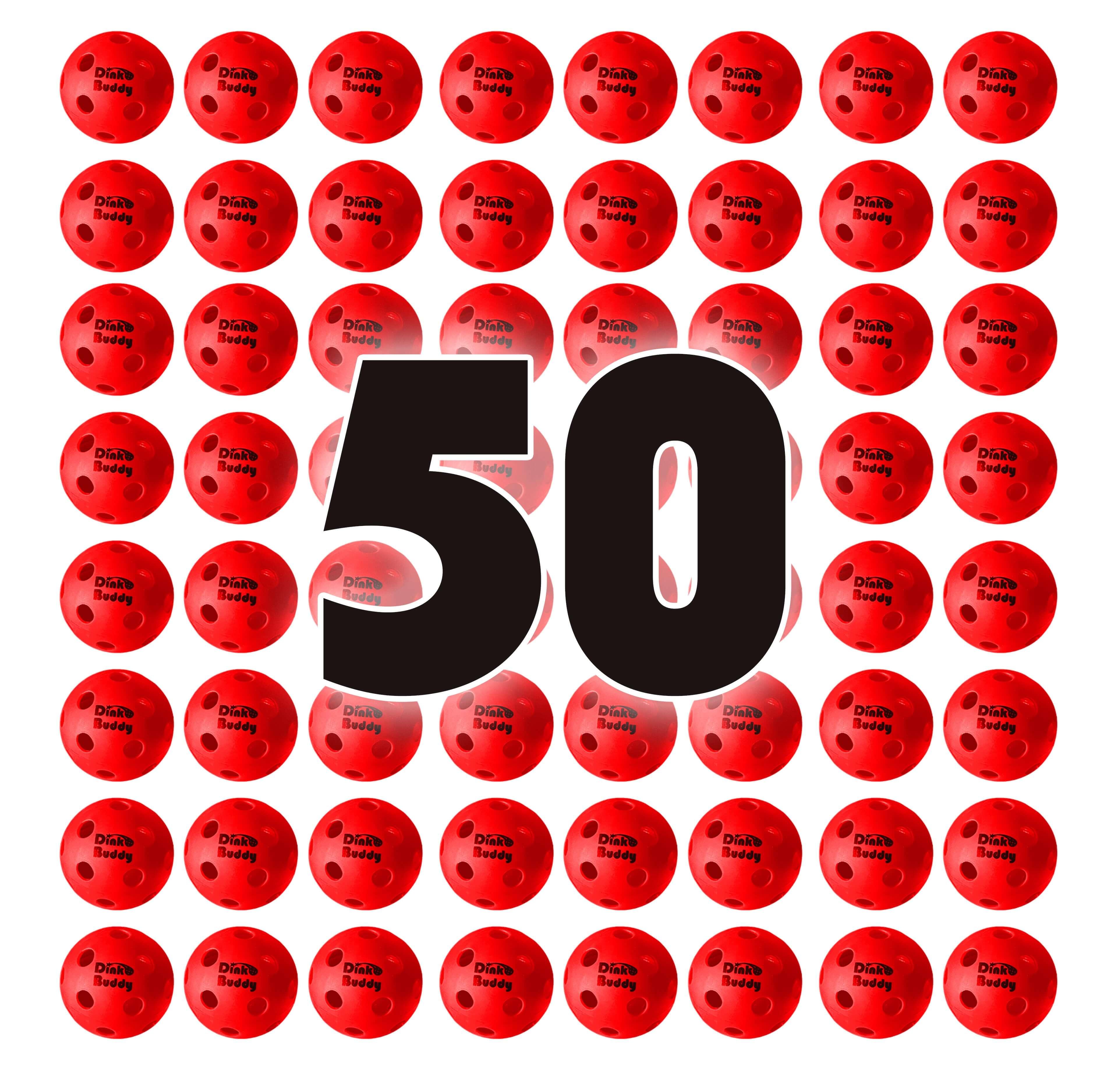 50 red Dirt Buddy golf ball markers arranged in a grid with large 50 in center