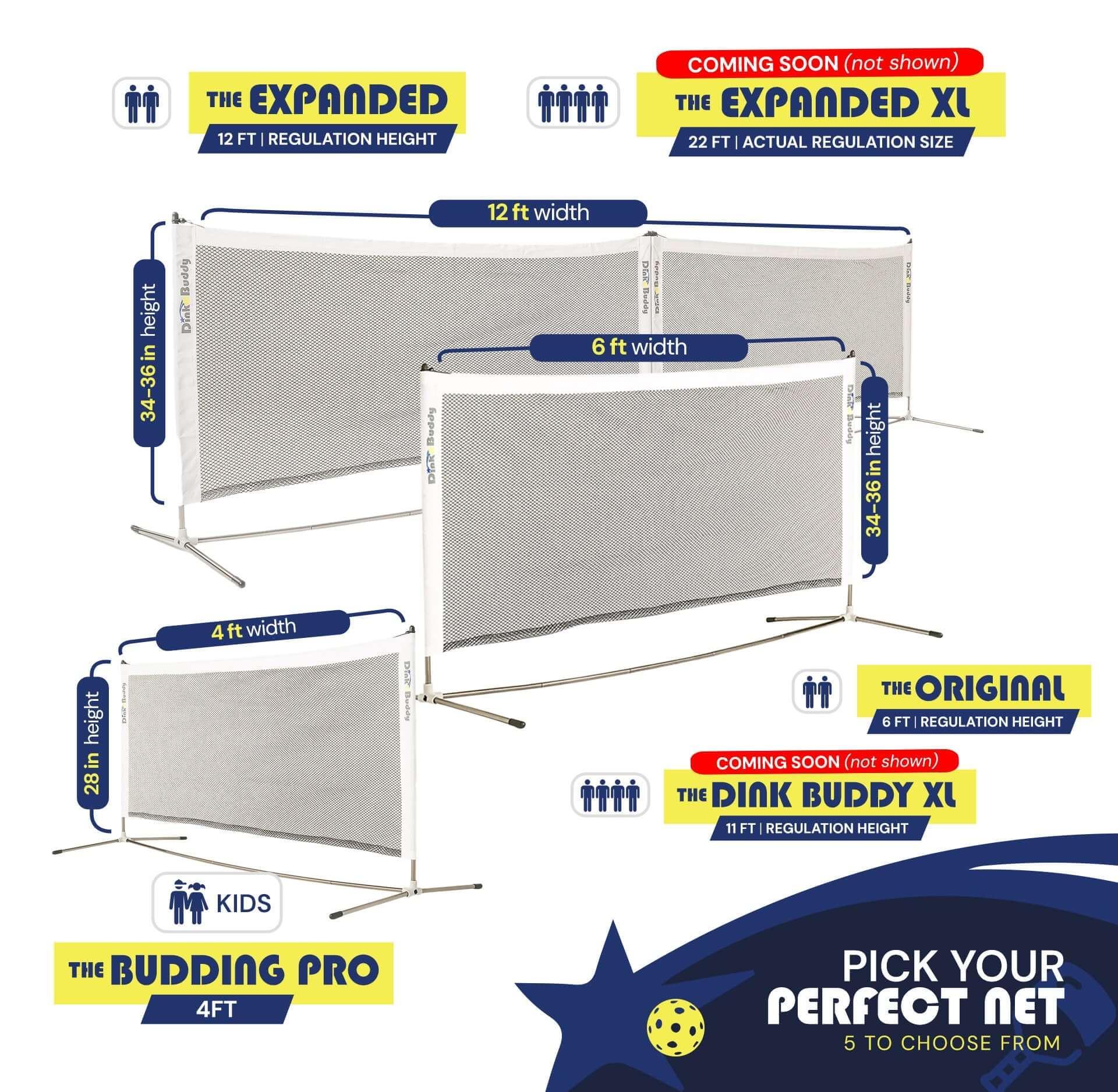 Pickleball net size chart showing 4ft, 6ft, and 12ft widths with labeled heights.
