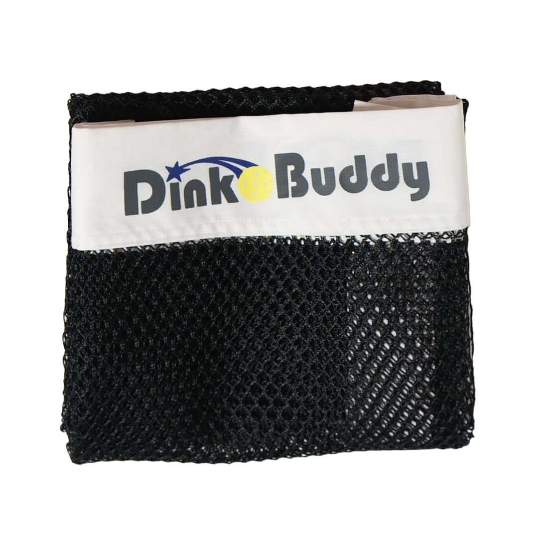 Black mesh pickleball net with white Dink Buddy logo band