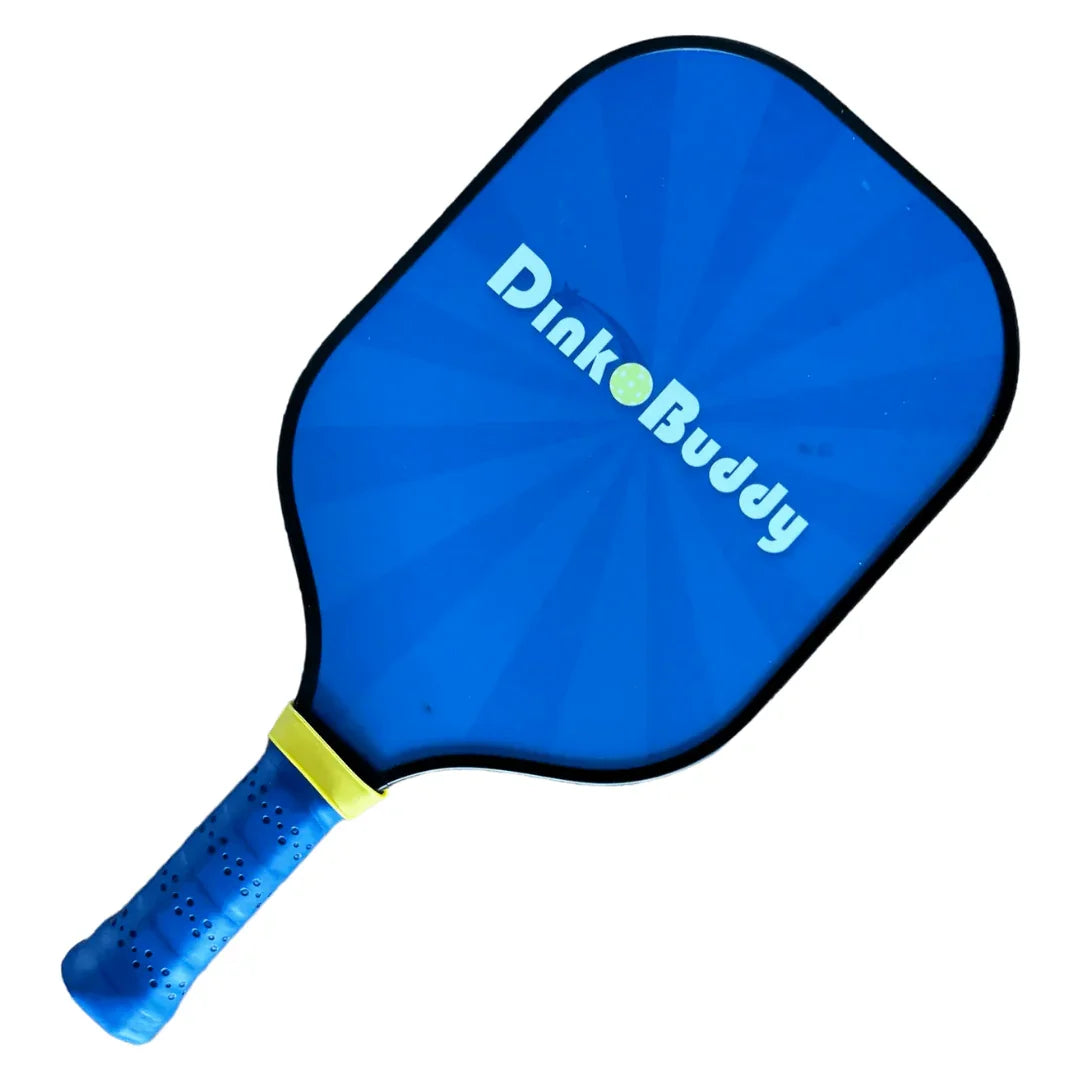 Blue Dink Buddy pickleball paddle with black edge and textured handle