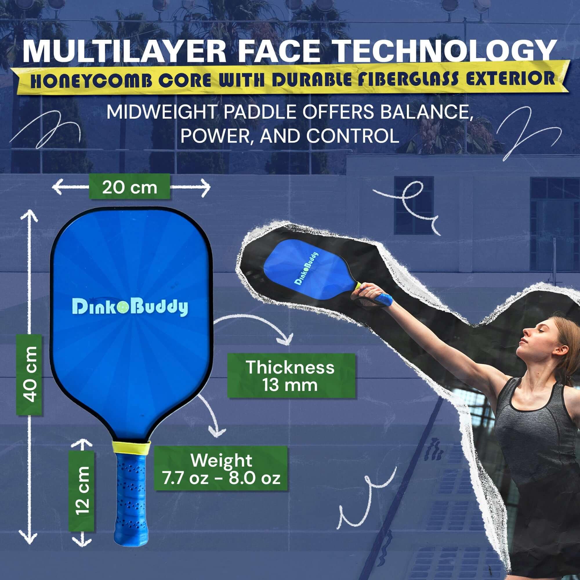 Pickleball paddle with blue DinkoBuddy branding, specs, and player in action.