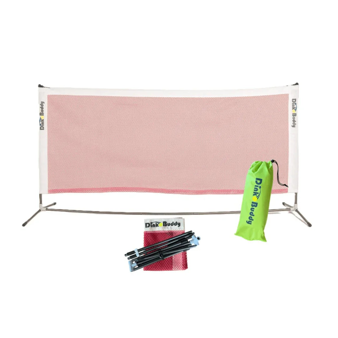 Pink portable pickleball net set with frame, carrying bag, and assembly parts
