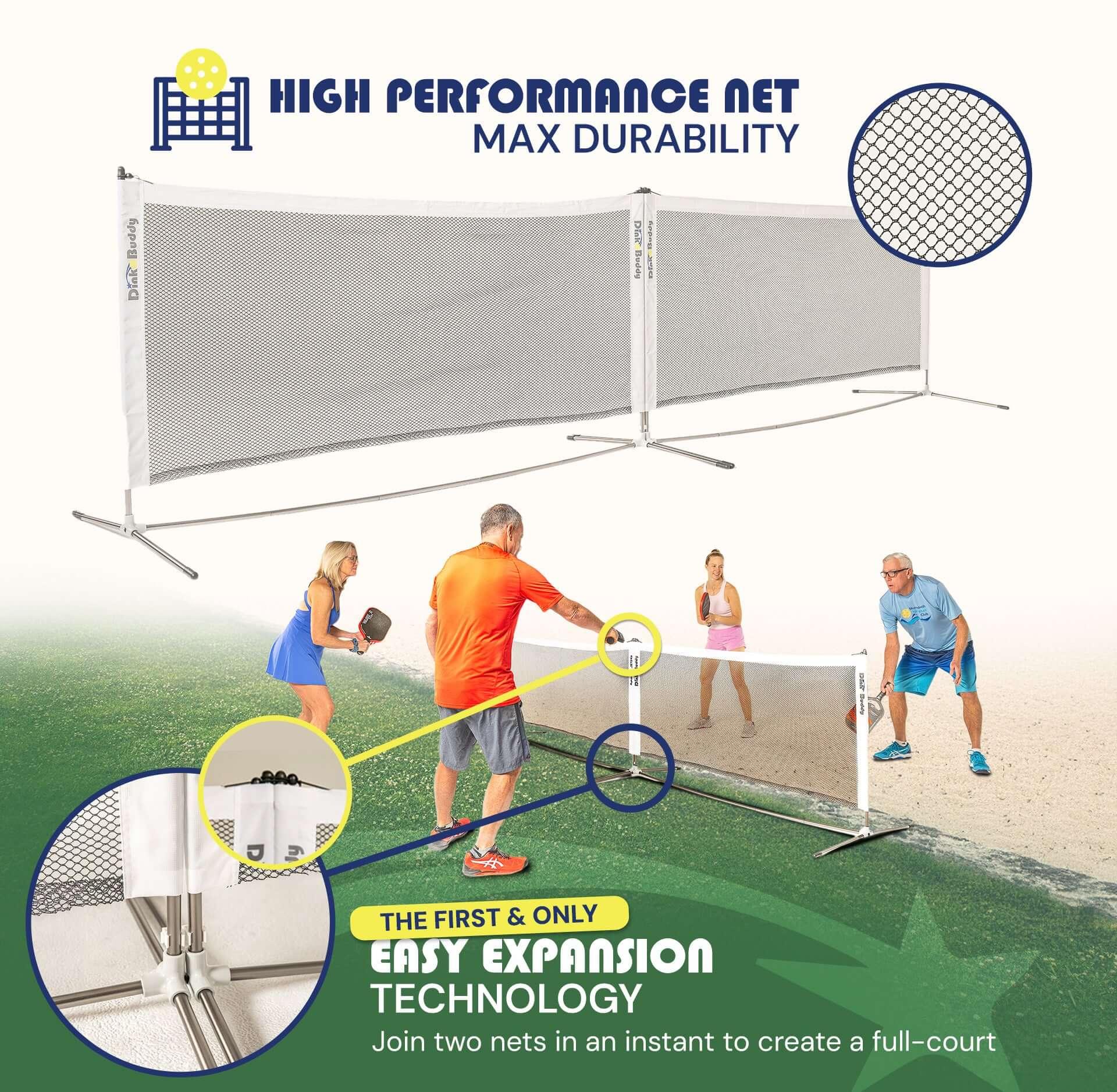 High performance pickleball net with easy expansion technology, people playing on court