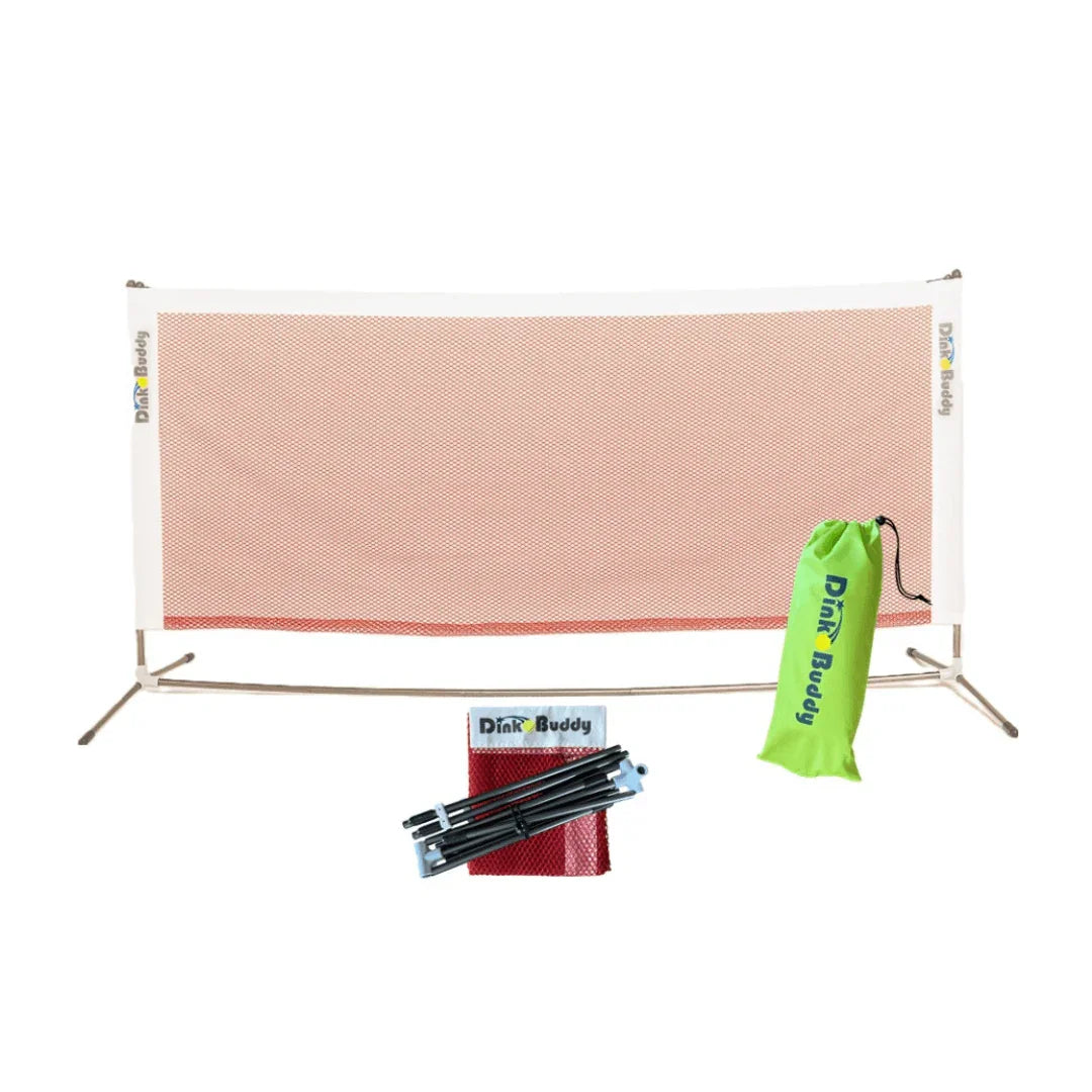 Red Dink Buddy portable pickleball net set with green carrying bag and frame parts