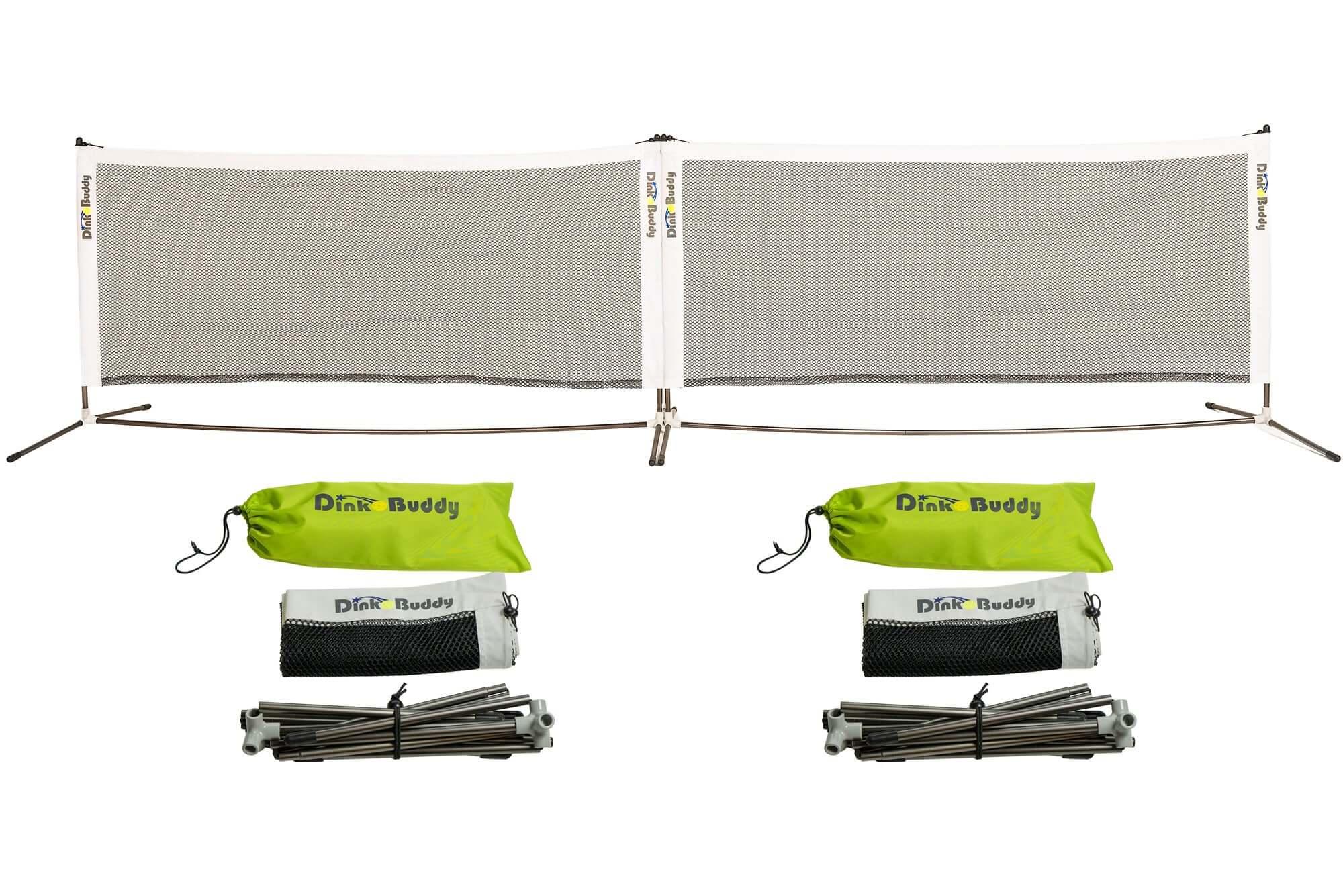 Two Dink Buddy portable pickleball nets with carrying bags and frame parts on white background