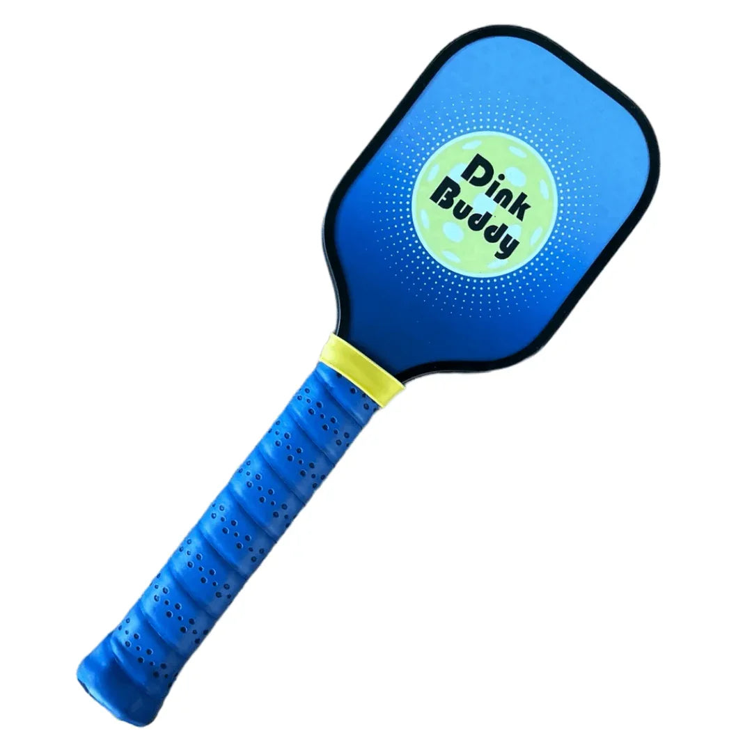 Blue pickleball trainer paddle with Dink Buddy logo on white background