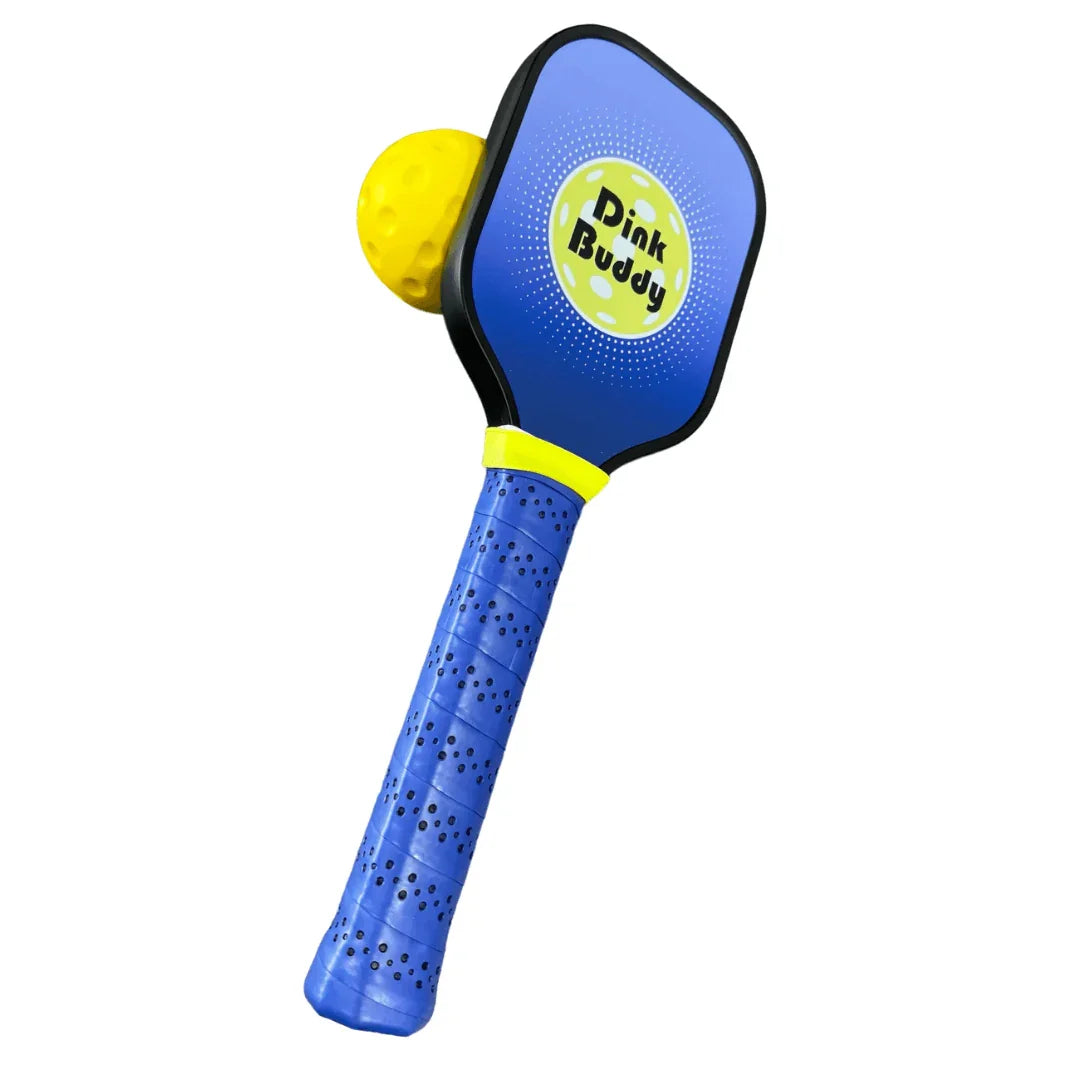 Blue Dink Buddy pickleball trainer paddle with yellow ball and perforated grip