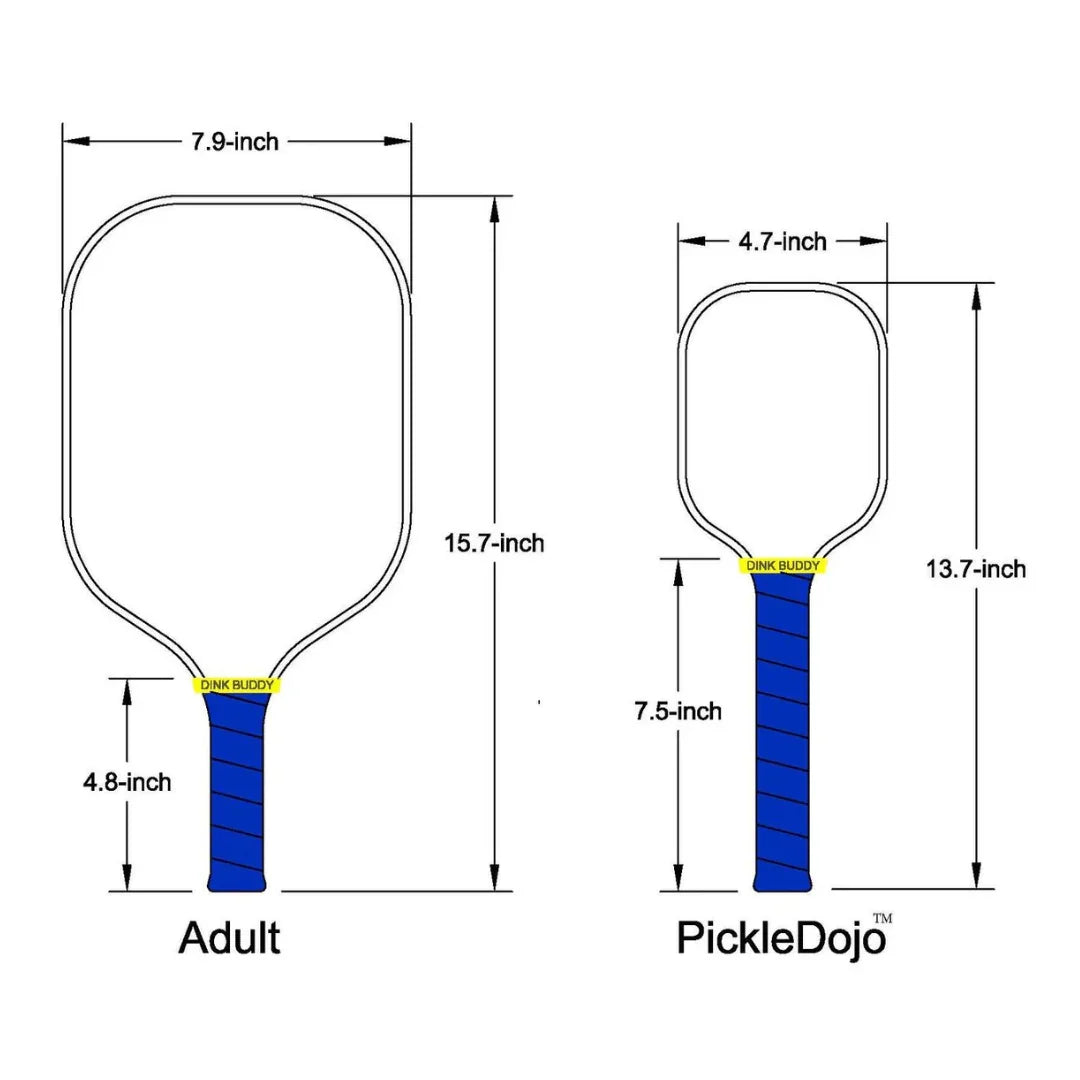 Comparison diagram of adult and PickleDojo pickleball paddles with measurements