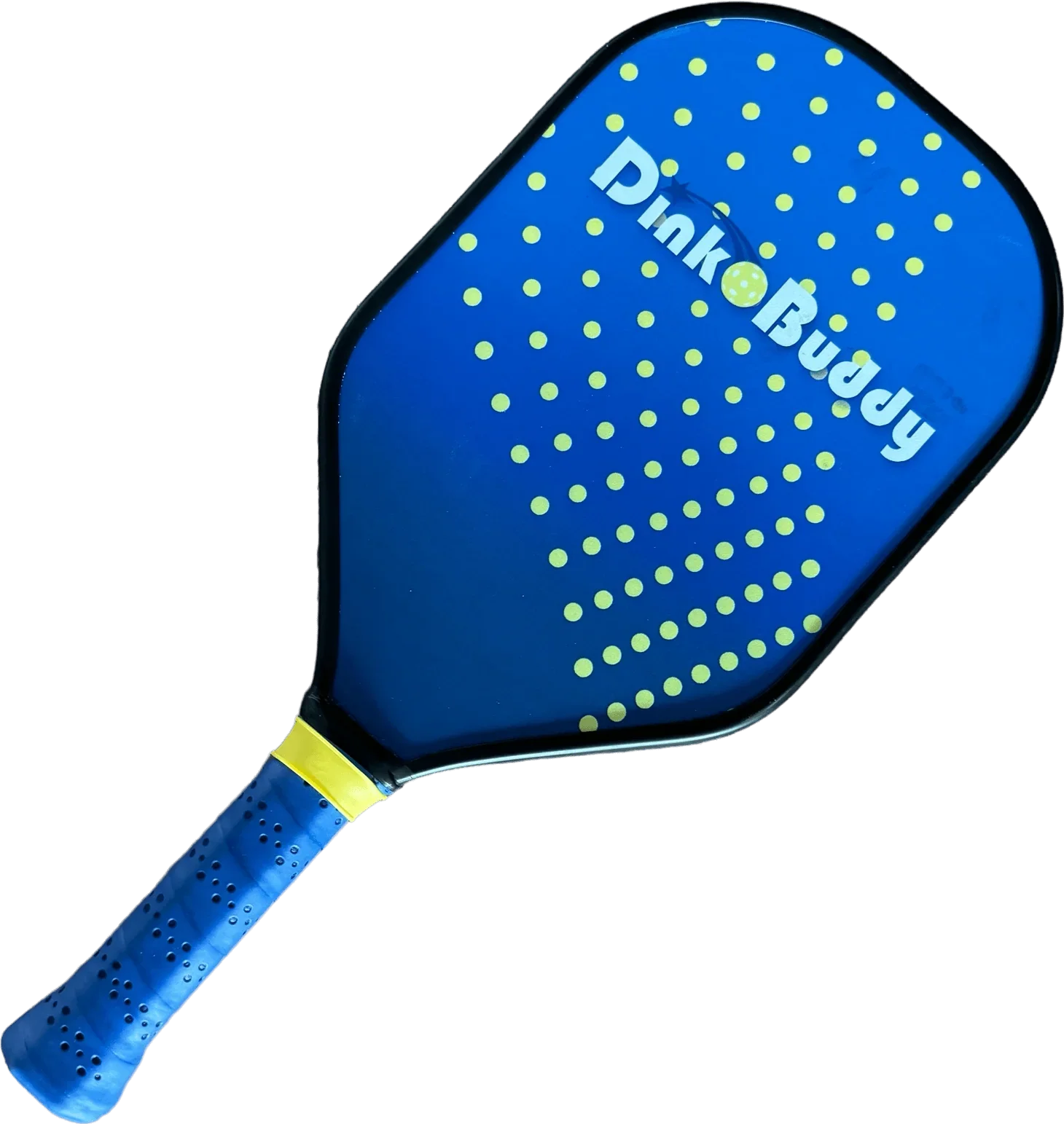Blue pickleball paddle with yellow dots and Dink Buddy logo, textured blue grip handle