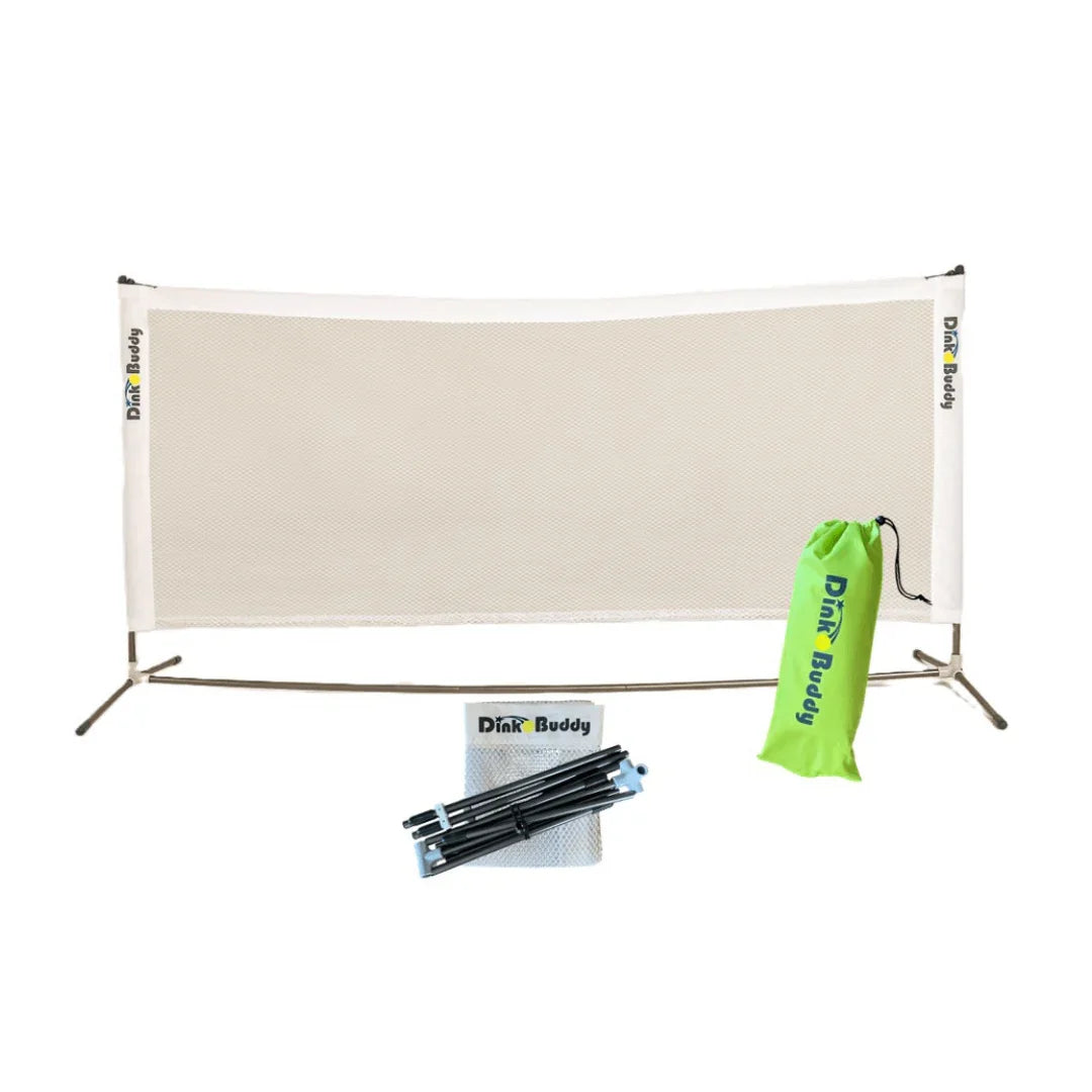 Portable pickleball net set with white mesh net, metal frame, green carrying bag, Dink Buddy branding