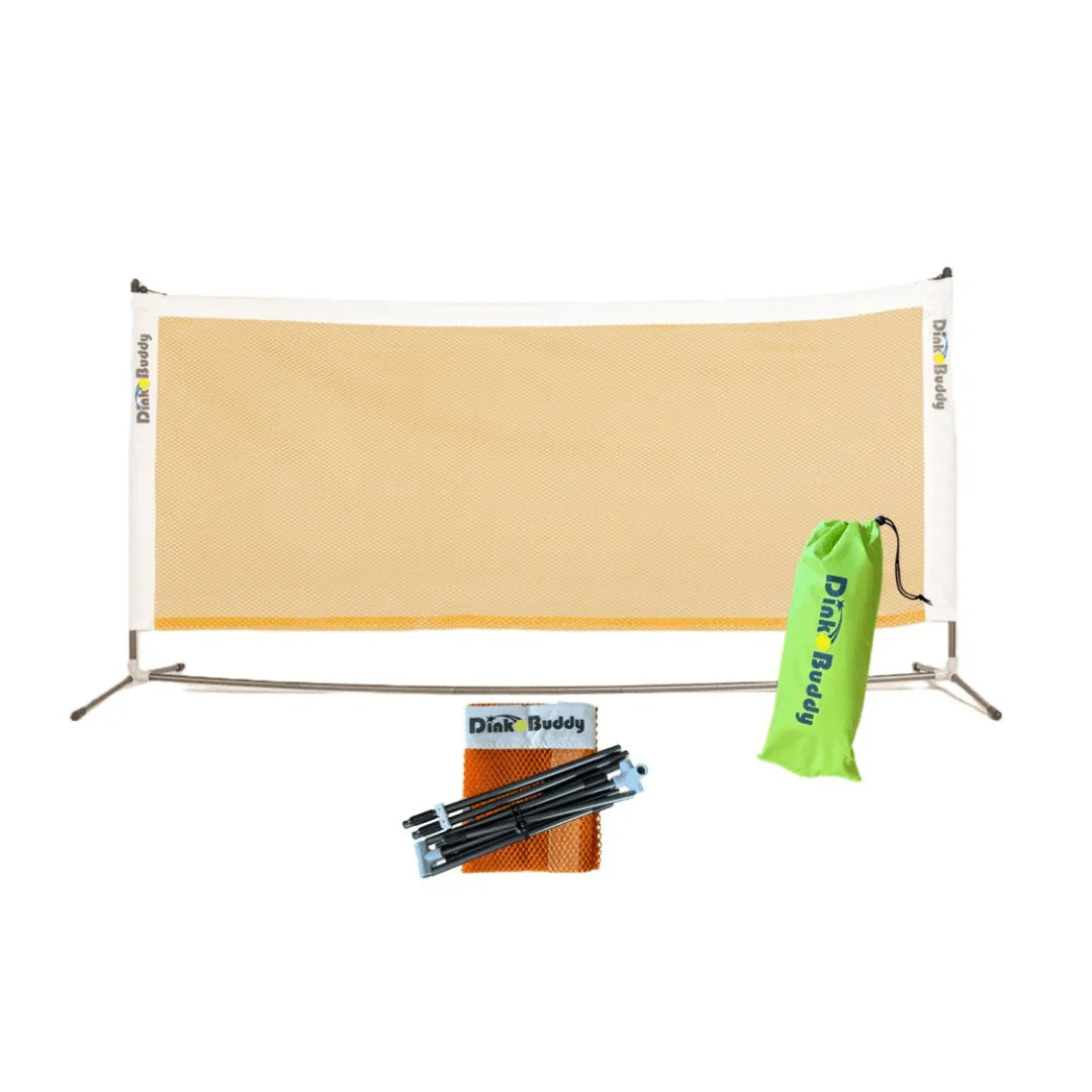 Yellow mesh portable pickleball net set with frame, carrying bag, and Dink Buddy branding