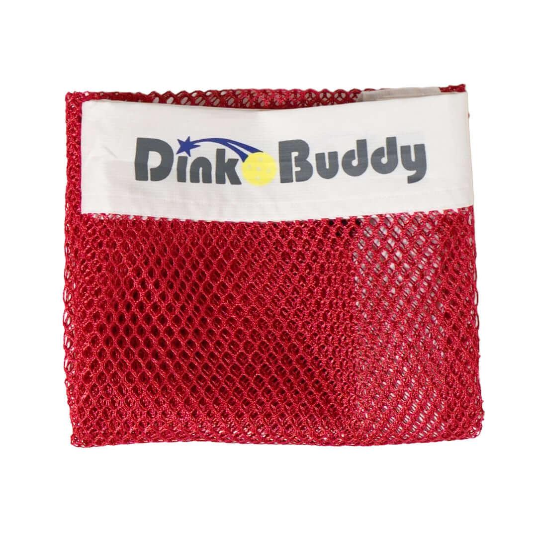Red mesh pickleball bag with Dink Buddy logo on white band